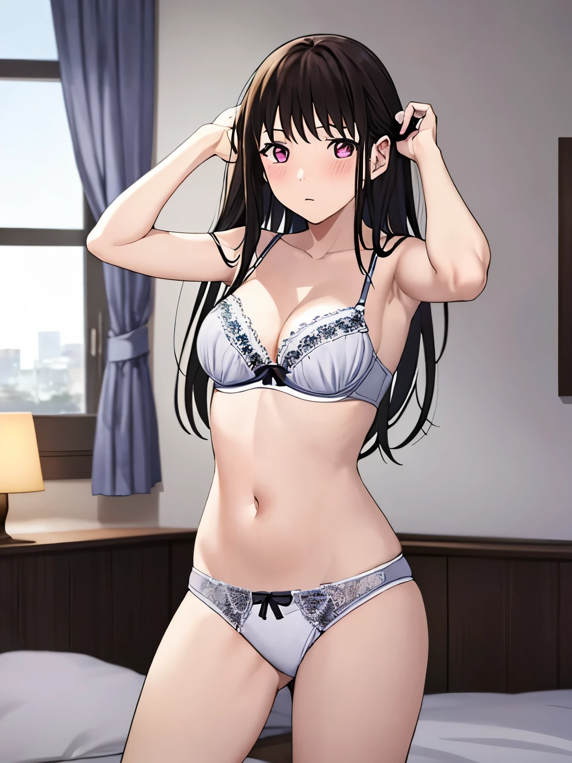 1girl, bangs, black hair,solo, blush, looking at the viewer, arms up, sexy pose, cute, bedroom, night, lamp, light off, white bra, breast, medium breast, white panties, masterpiece, perfect anatomy