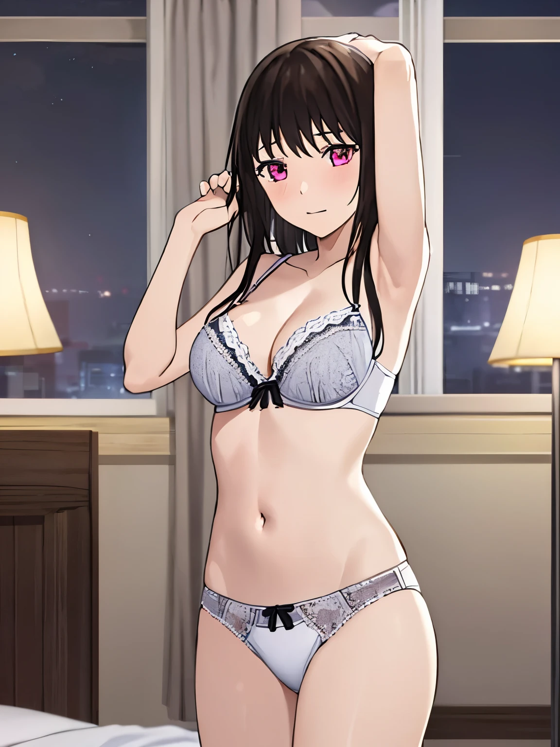 1girl, bangs, black hair,solo, blush, looking at the viewer, arms up, sexy pose, cute, bedroom, night, lamp, light off, white bra, breast, medium breast, white panties, masterpiece, perfect anatomy