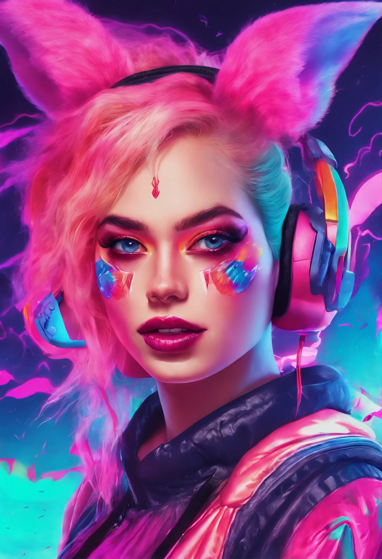 close-up of a woman with a rabbit on her head, of Harley Quinn, portrait of Harley Quinn, Colorful cinematography, Scary color graphics in 4 K, Artgerm Julie Bell Beeple, art of alessandro pautasso, Harley Quinn, by Galen Dara, Martin then, Martin then artwork portrait, Harley Quinn