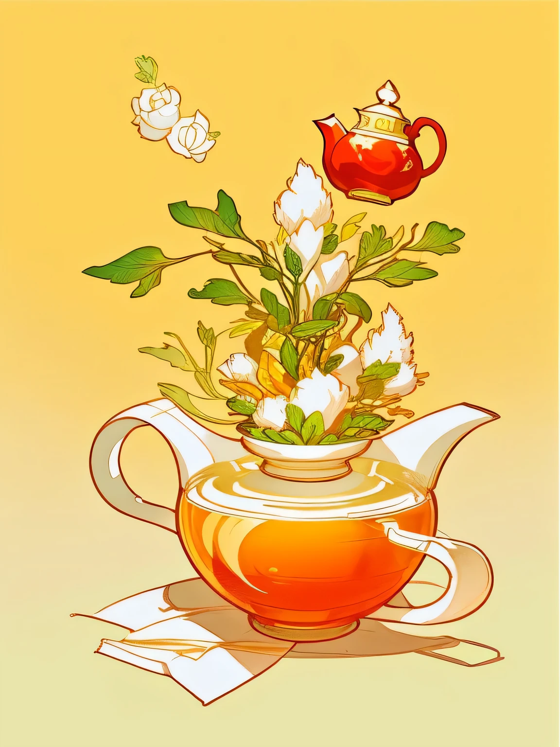 有A teapot,A teapot,A teacup, Amazing food illustration, A beautiful artistic illustration, Full color illustration, Inspired by Chen Dingpo, Deng Sachin, illustration art, Wonderful illustrations, Very detailed illustrations, Just a joke, rendering art, I'm sorry for losing.. Unreal Engine, Concept art illustration, rendered illustration,More tea elements