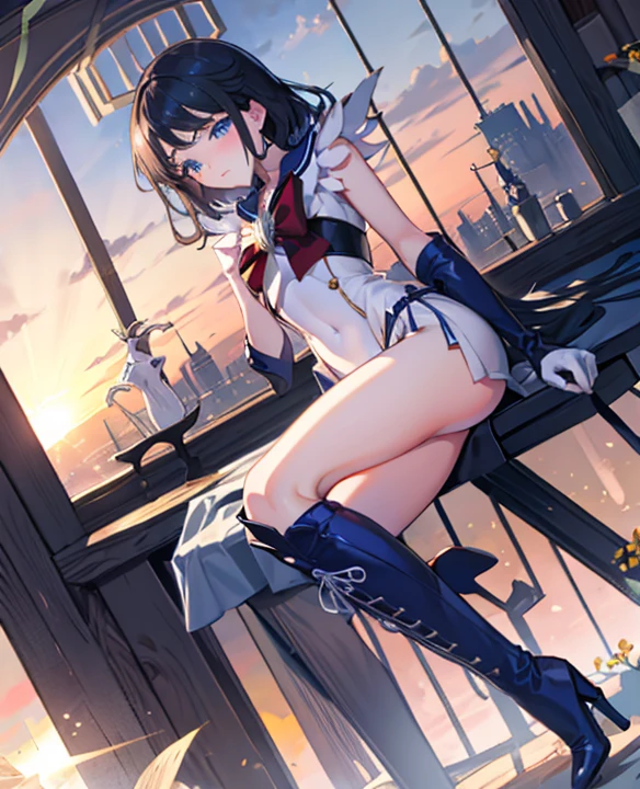 highest quality,sleeping face up in bed，Sailor Saturn，Crab crotch，please show me your boots，thigh high boots，glove，Strange thieves，elegant, 1 girl, muscular，cute, blushed, looking at the viewer, from below,body suit, prison，blue eyes, beautiful eyes, beautiful background, particles of light, Light of the sun, dramatic lighting, outside, shiny, realistic, table top, highest quality, super detailed, be familiar with, scenery, beautiful and fine eyes, fine hair