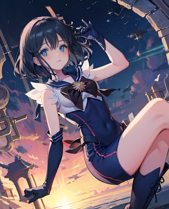 highest quality,sleeping face up in bed,Sailor Saturn,Crab crotch,please show me your boots,thigh high boots,glove,Strange thieves,elegant, 1 girl, muscular,cute, blushed, looking at the viewer, from below,body suit, prison,blue eyes, beautiful eyes, beautiful background, particles of light, Light of the sun, dramatic lighting, outside, shiny, realistic, table top, highest quality, super detailed, be familiar with, scenery, beautiful and fine eyes, fine hair