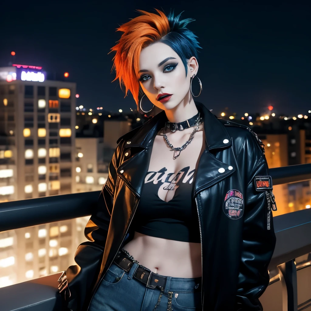 goth, excited, pale skin, smoky eyes, vivid colors, punk rock hairstyle, orange and blue hair, black lips, hotel balcony at night, leaning over balcony, leaning, body view, huge breasts, tshirt, jacket, pocket chain, earrings, torn,
