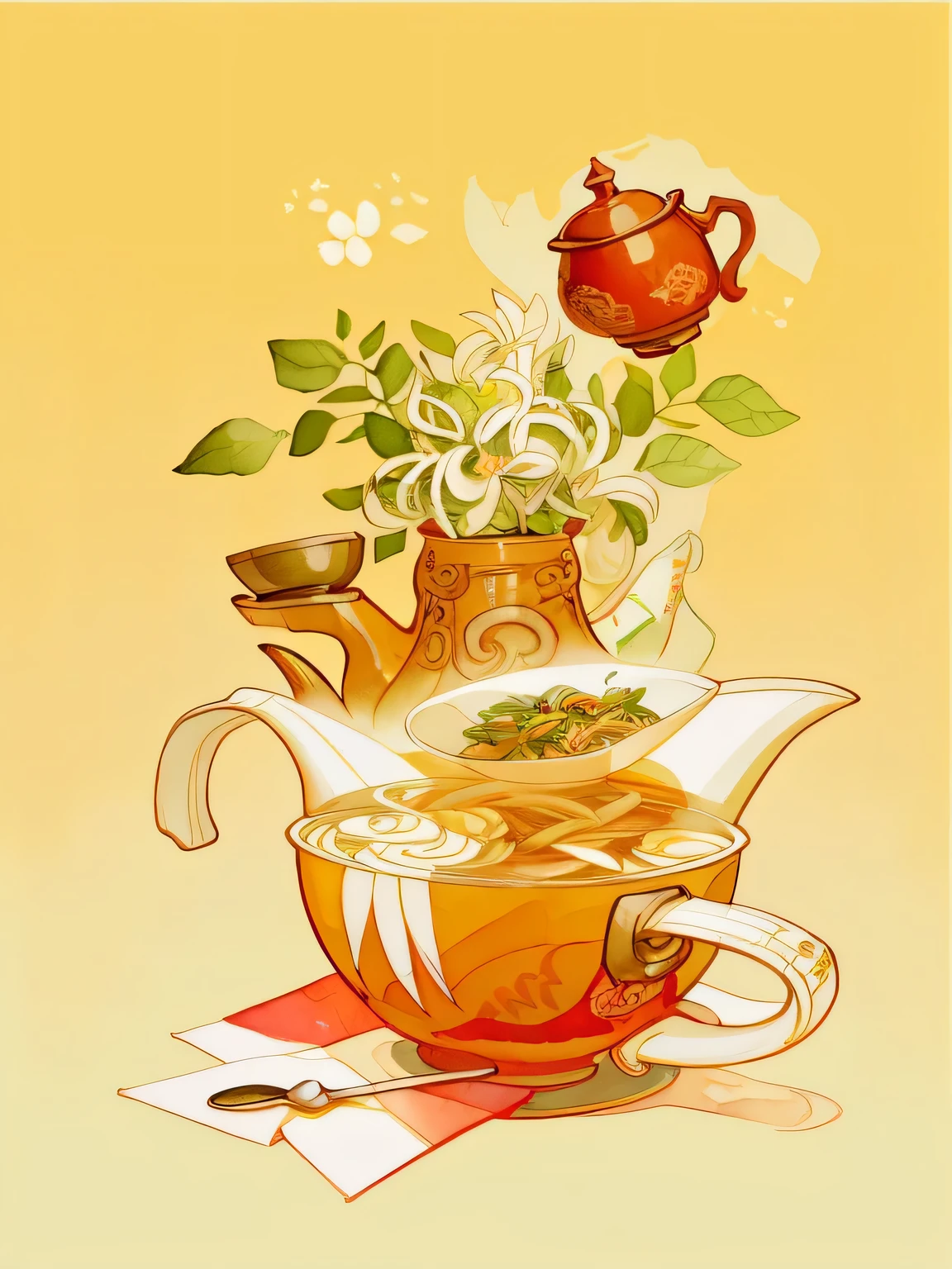 there a tea pot and a cup of tea on a table, A beautiful artistic illustration, Real photos of delicious pho, Amazing food illustration, Inspired by Chen Dingpo, Chinese watercolor style, Very detailed illustrations, digital illustration style, Full color illustration, Cute and detailed digital art, Beautiful digital illustration, Digital painting very detailed, Stylized digital illustration,More tea elements