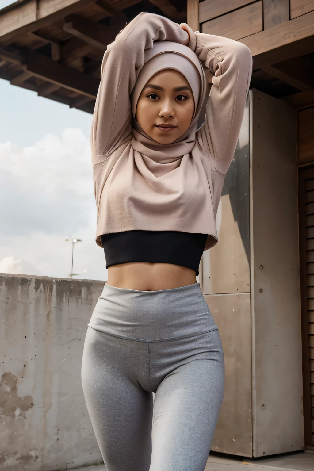 malay hijab, sweater, petite, crop top, legging, cameltoe