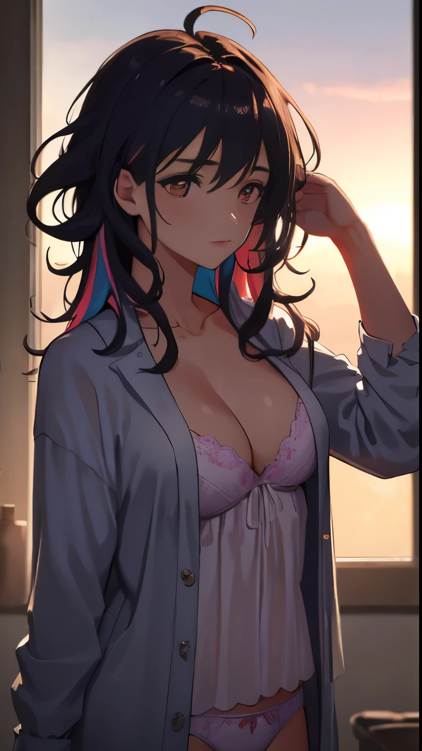 ((masterpiece), (highest quality))

(Super detailed), (messy hair), big, cute clothes, take off clothes, underwear, breast enhancement,
(twilight, (dramatic lighting)), (soft focus)
(Bright and colorful atmosphere)