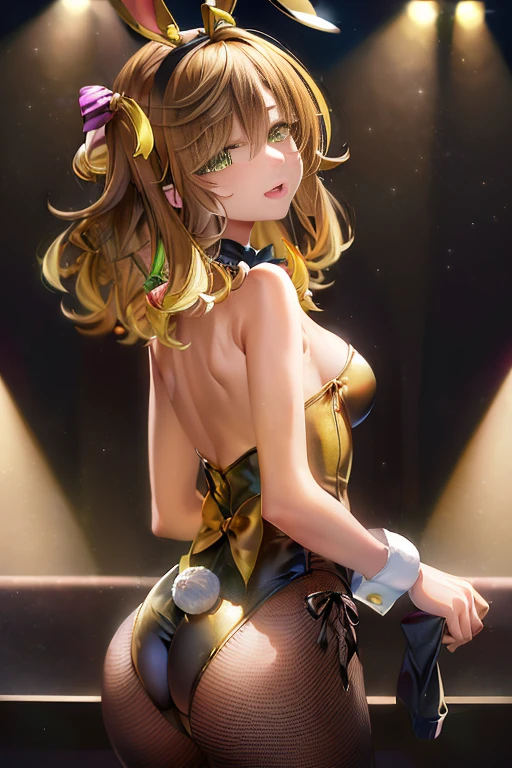 masterpiece, best quality, illustration, highres, absurdres, ultradetailed, amicia michella - nijisanji, 1girl, brown short hair, yellow inner hair, wavy hair, green eyes, highly detailed eyes, shiny, shiny skin, bright eyes, ((1 girl, solo, bunny ears ornament, black bunny suit, high-neck collar, bow tie, bunny girl suit, medium breasts, turtleneck, audience, crowd, ass, from behind, looking back, night club interior, nighttime, latenight)),