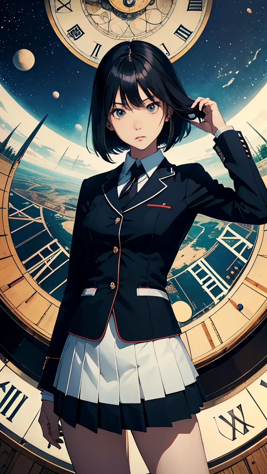 Takashi Itō, Wenzel Jamnitzer, Surreal, mysterious, bizarre, fantastical, fantasy, Sci-fi, Japanese anime, wind-up taxi, beautiful high school girl in a miniskirt, perfect voluminous body, connection between the inside of the earth and the universe, inside the clock, detailed masterpiece