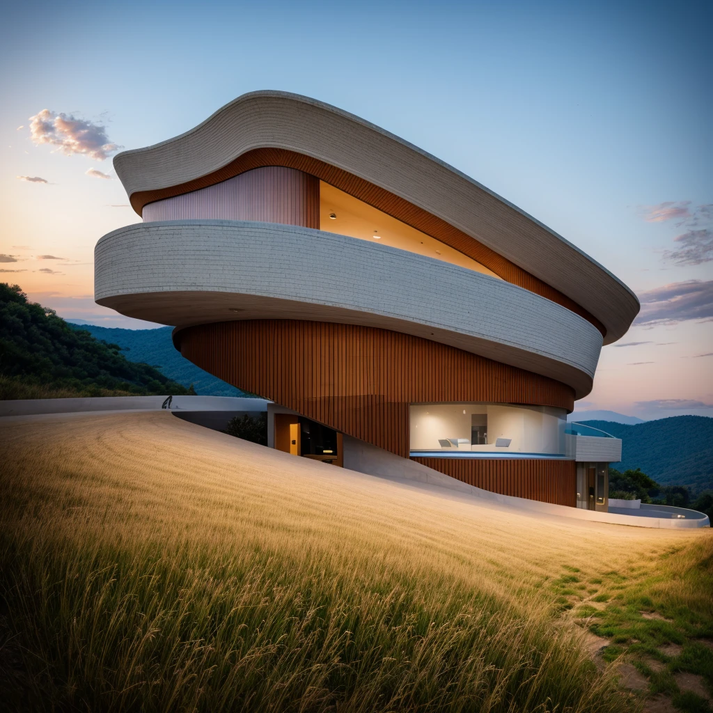 library house with perfect wave form, building located on a hill, exterior White, sunset and shimmer, large yard, design by Zaha Hadid, Actual photos of naive design: 1.6, Electricity photo, Photoshoot, Super detailed ultra wide angle, crazy detail, covered with grass and low trees and flowers, intricate detail, beautiful color grading, Unreal Engine