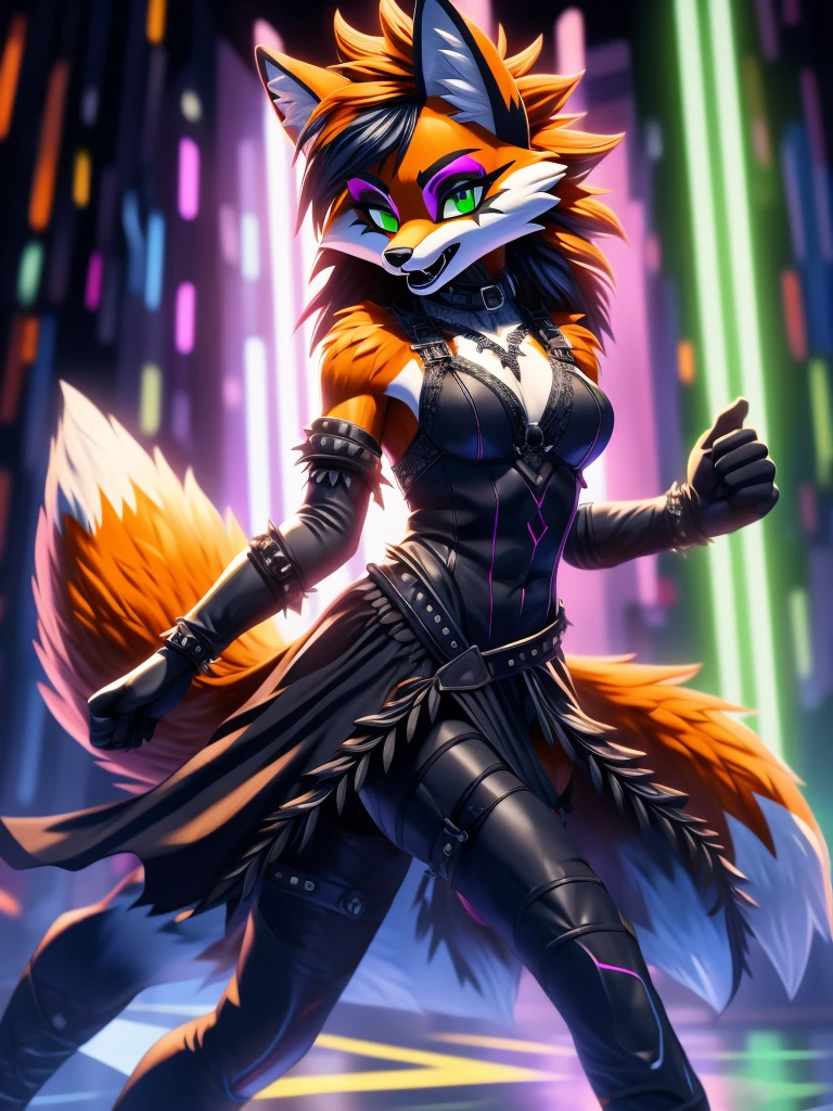 (best quality,4k,8k, highres, masterpiece:1.2), (furry; anthro fox), well-toned abs, ultra-detailed, dynamic lewd pose, C-cup breasts, ((horny)), ((sexy)), goth makeup, edgy punk hairstyle, detailed eyes and face, long eyelashes, gothic lace dress, knight armor, vibrant colors, excited, green eyes, orange fur