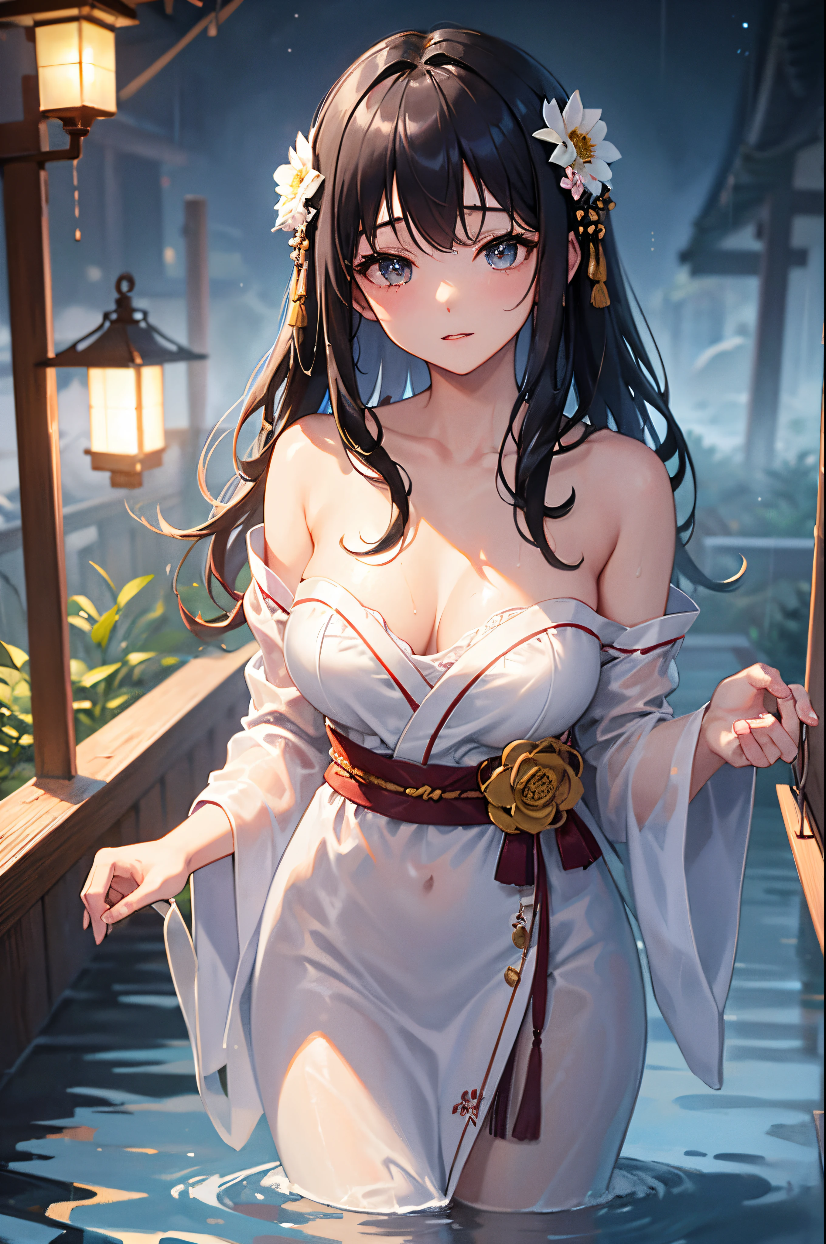 Young woman, Very delicate and beautiful eyes., black hair, long hair, smooth, hair accessories, wet hair, very detailed, Standing in ankle-deep water, reflection, moon, rain, wet clothes, Japanese clothes , Yukata, Strapless, translucent, Floral, Open the neck., open shoulder, chest, wet, lamp, nighttime, outdoor, rain, mountain, clouds, lamp, nighttime sky, tree, very detailed, CG, movie light, Detailed background, East Asian Architecture