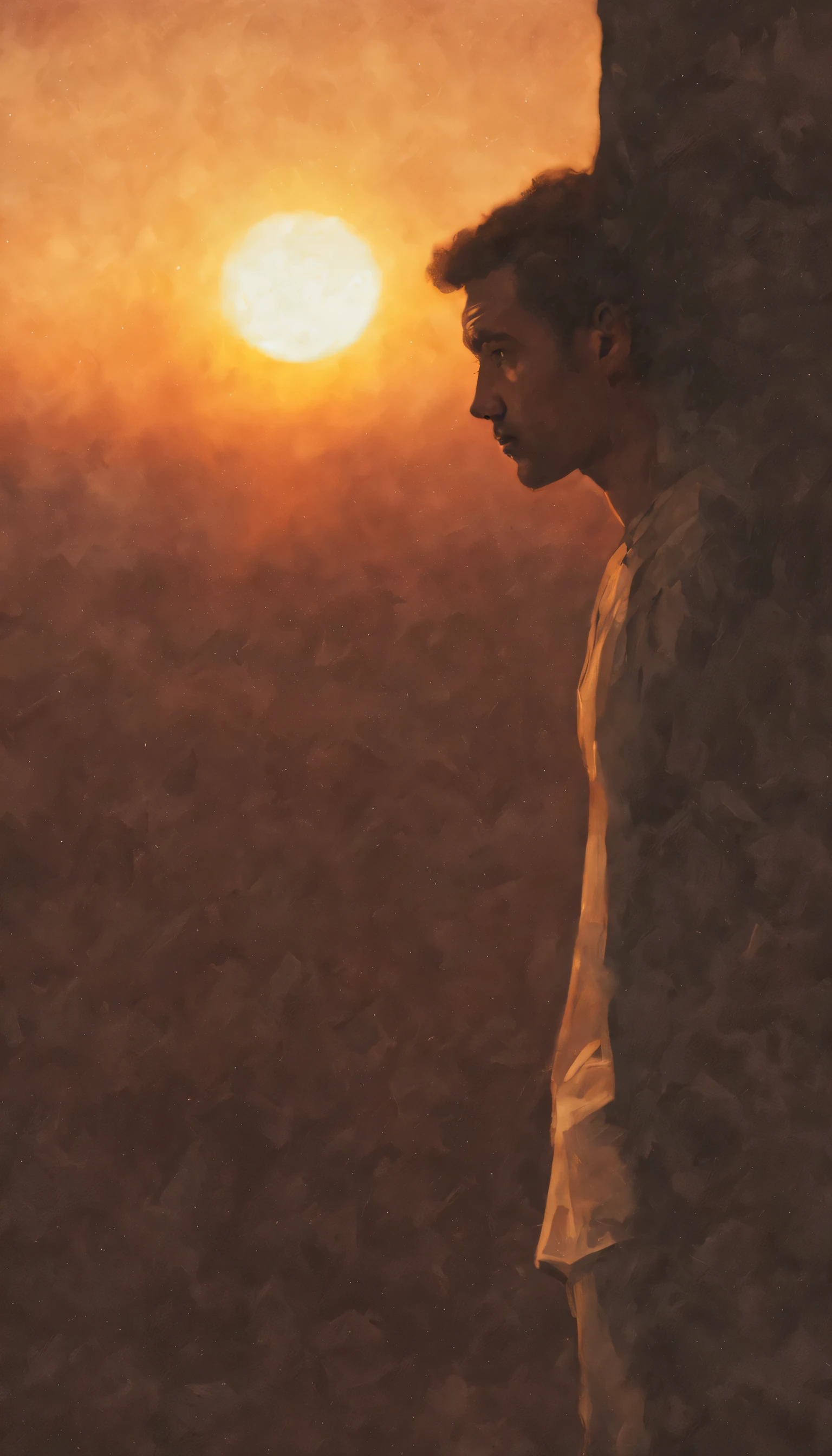 Transition to a scene of a thoughtful man looking at a sunset] (Soft lighting, warm colors)