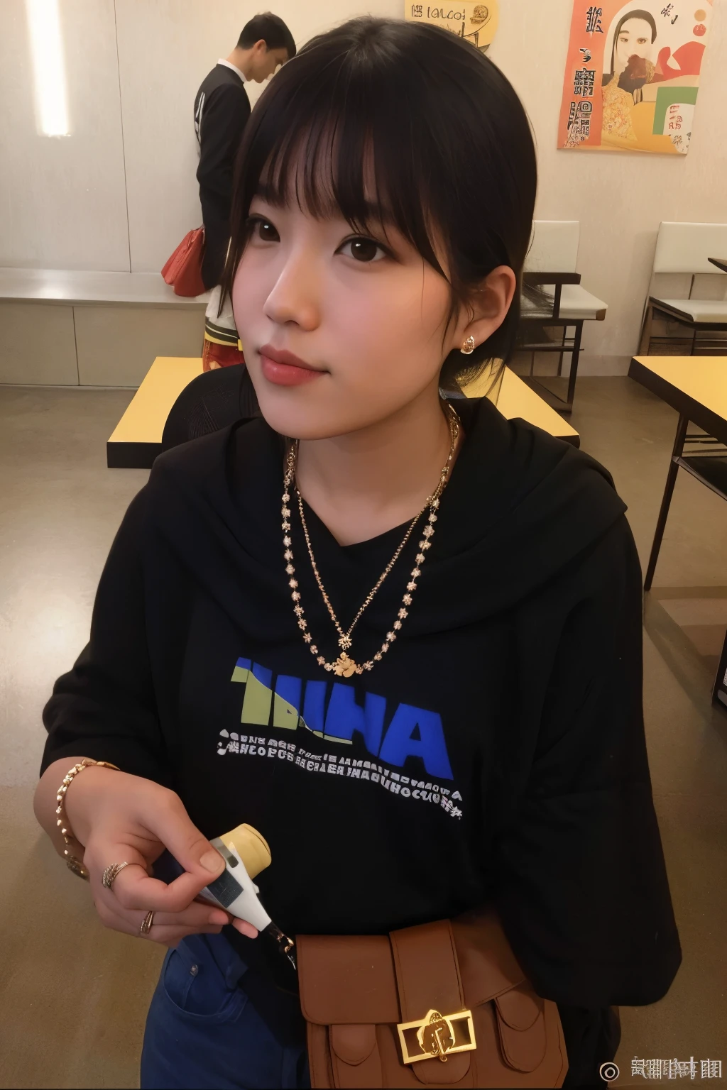 mulher arrafada sentada em uma sala com uma bolsa e um colar, chiho, Omina Tachibana, com franja, Yukii Morita, The motto is Teshirogi, imagem de qualidade muito baixa, o corte Hime, she has black hair com franja, Sana Takeda, tsutomo nihie, ela tem um rosto fofo