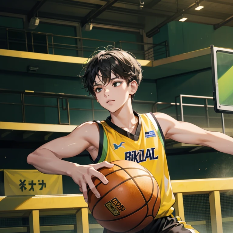 masterpiece, high quality, best quality, HD, actual, perfect lighting, detailed body, 1 person, black eyes, short hair, black hairstyle, Playing baskets, green & yellow basket, Basketball court background.