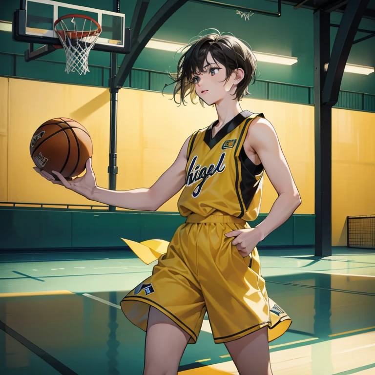 masterpiece, high quality, best quality, HD, actual, perfect lighting, detailed body, 1 person, black eyes, short hair, black hairstyle, Playing baskets, green & yellow basket, Basketball court background.