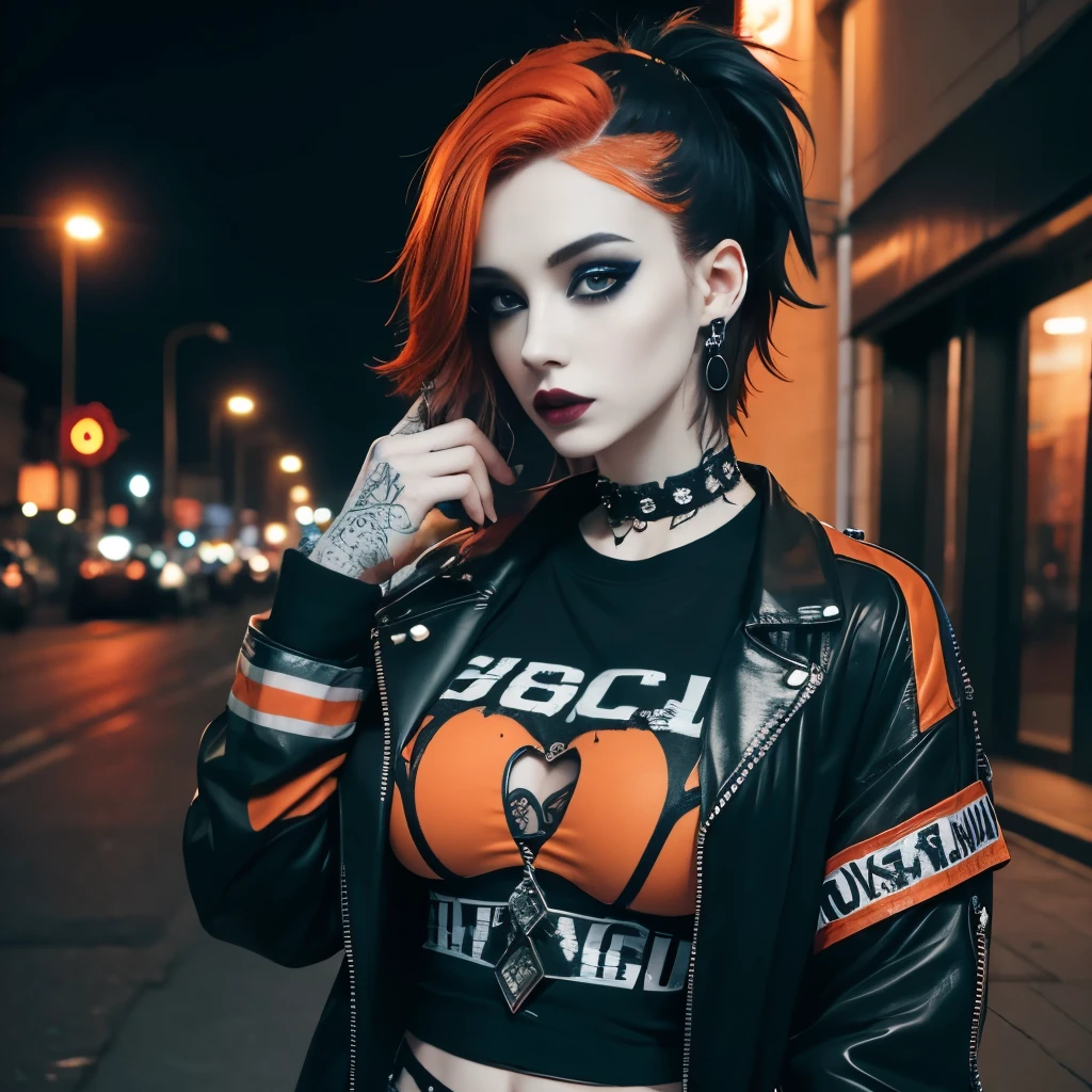 goth, excited, pale skin, smoky eyes, vivid colors, punk rock hairstyle, orange and blue and red hair, black lips, street at night, body view, huge breasts, tshirt, jacket, earrings, torn, tattoo
