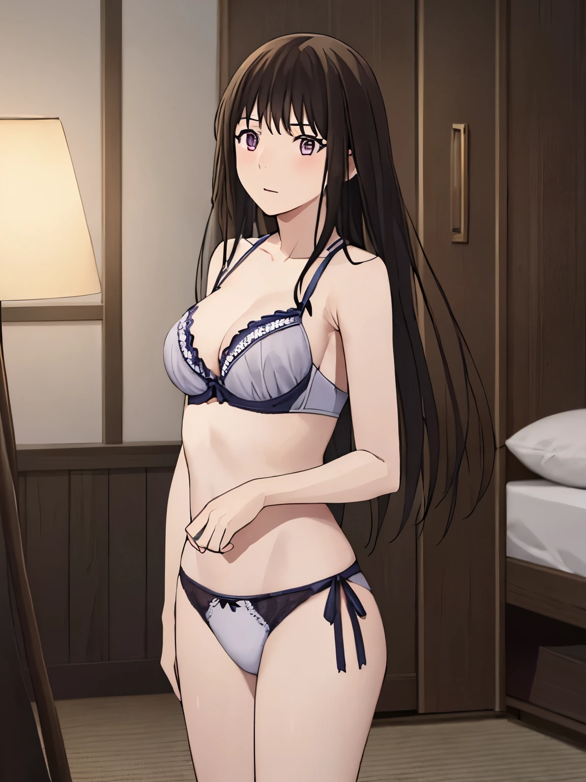 1girl, bangs, black hair,solo, blush, looking at the viewer, seducing viewer, sexy pose, cute, bedroom, night, lamp, light off, white bra, breast, medium breast, white panties, masterpiece, perfect anatomy