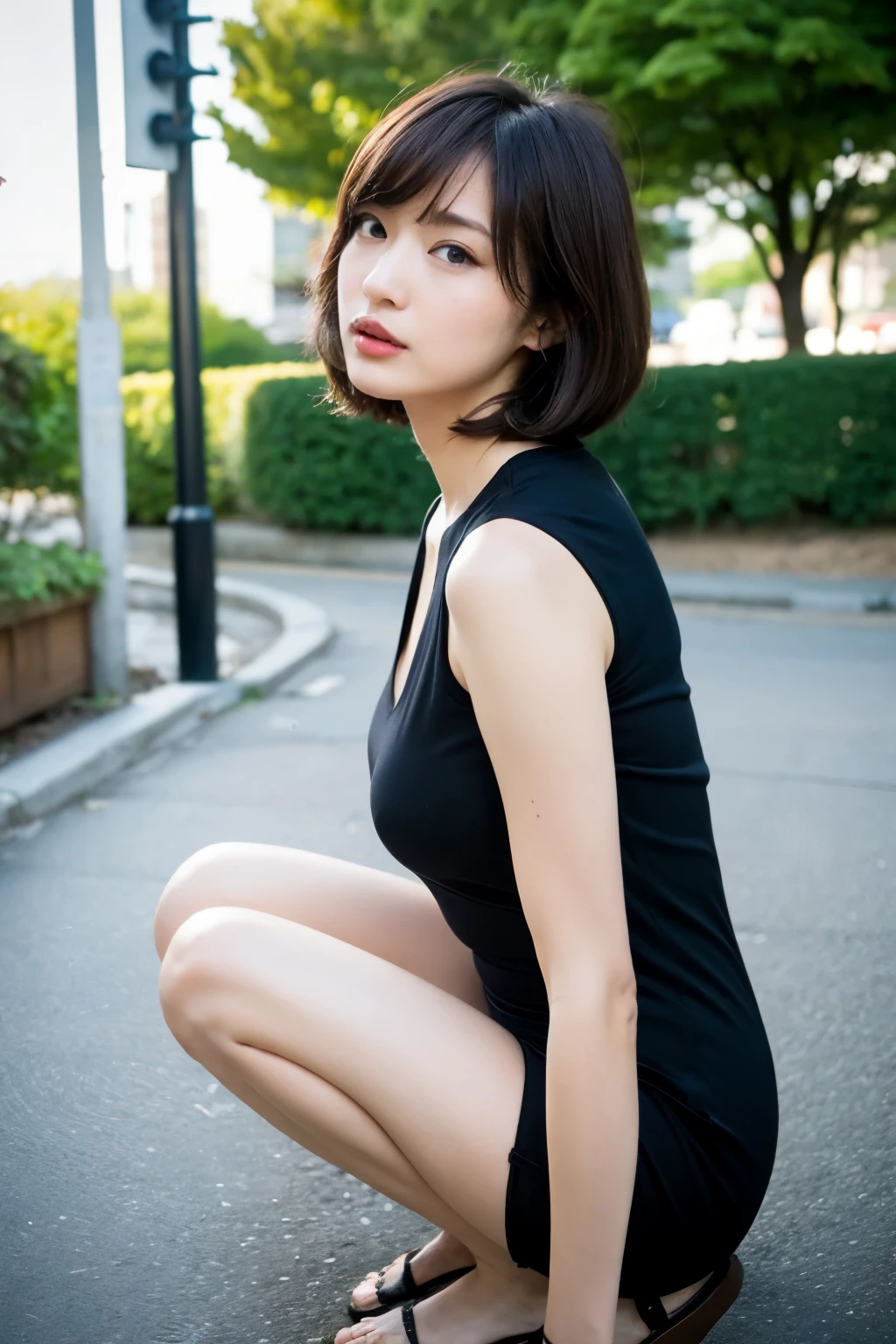 Max Quality, Obra-prima, A high-resolution, 1girl, Beautiful and perfect face, Bob Layer Cut, One piece with a and retro design, Mini length、Complex Details, Cinematic feel, 8K, highly-detailing、gigantic tits、Angle from the side、stick out one's buttocke proud、beautiful Face、Full body shot、1person、BUTT EXposed、Crouching down、Parks