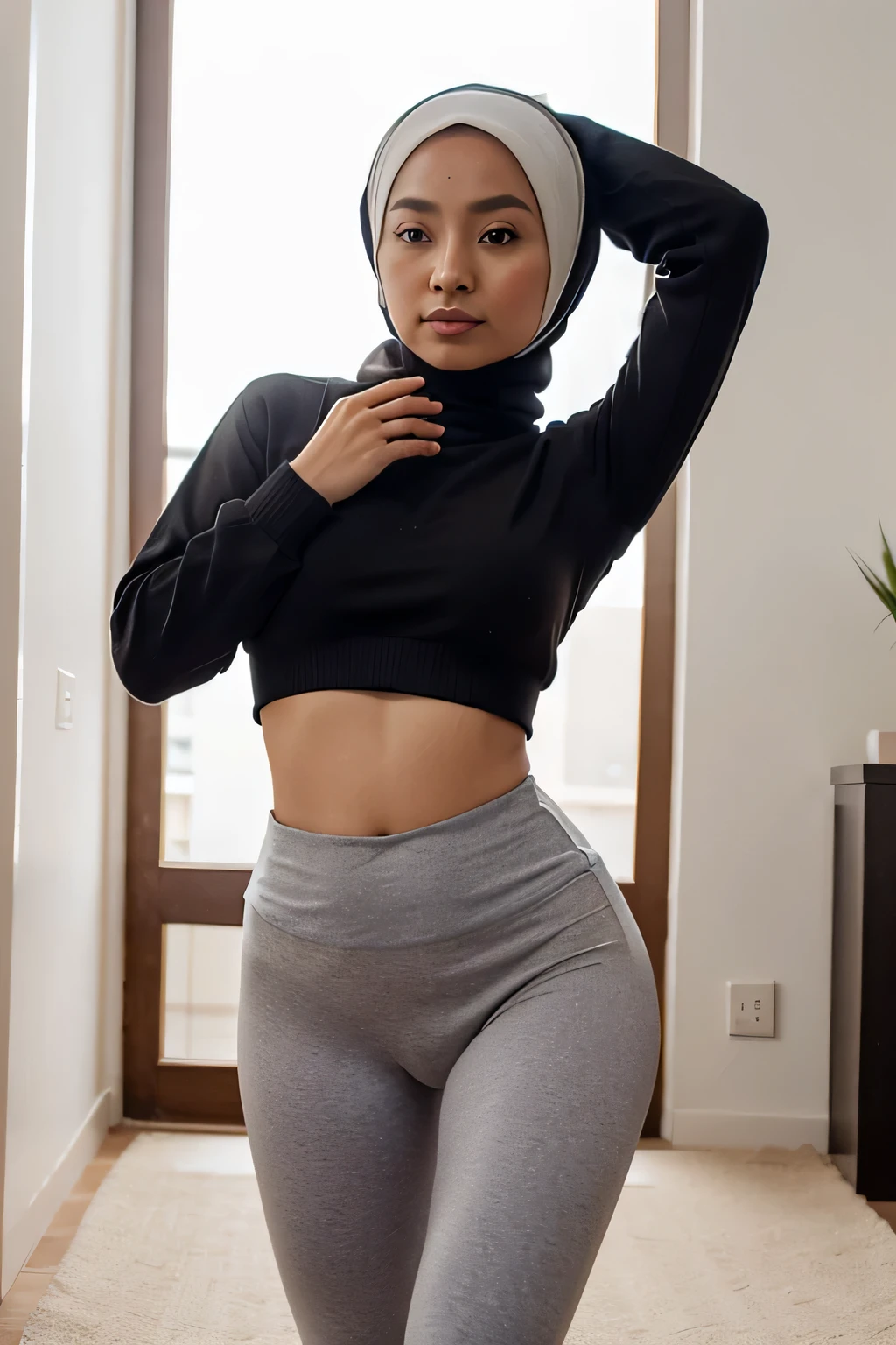 malay hijab, sweater, petite, crop top, transparent yoga legging, cameltoe