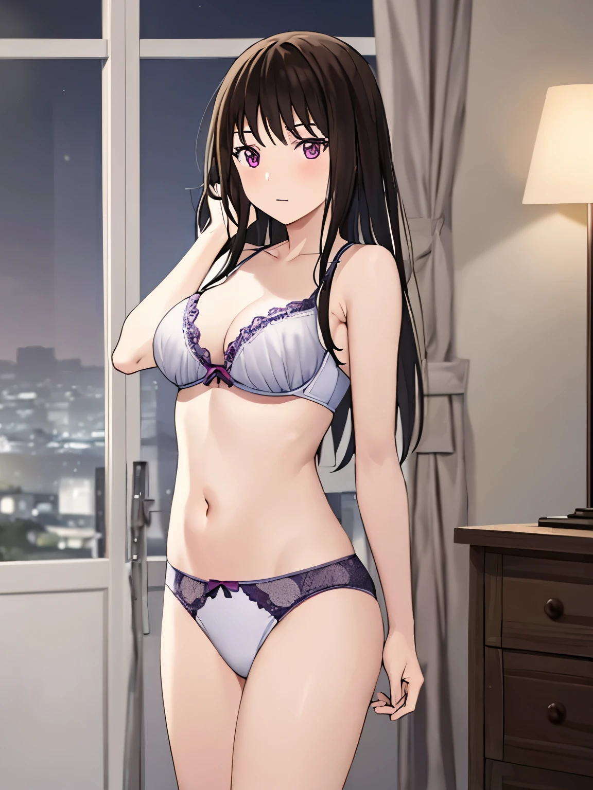 1girl, bangs, black hair,solo, blush, looking at the viewer, seducing viewer, y pose, cute, bedroom, night, lamp, light off, white bra, breedium breast, wanties, masterperfect anatomy