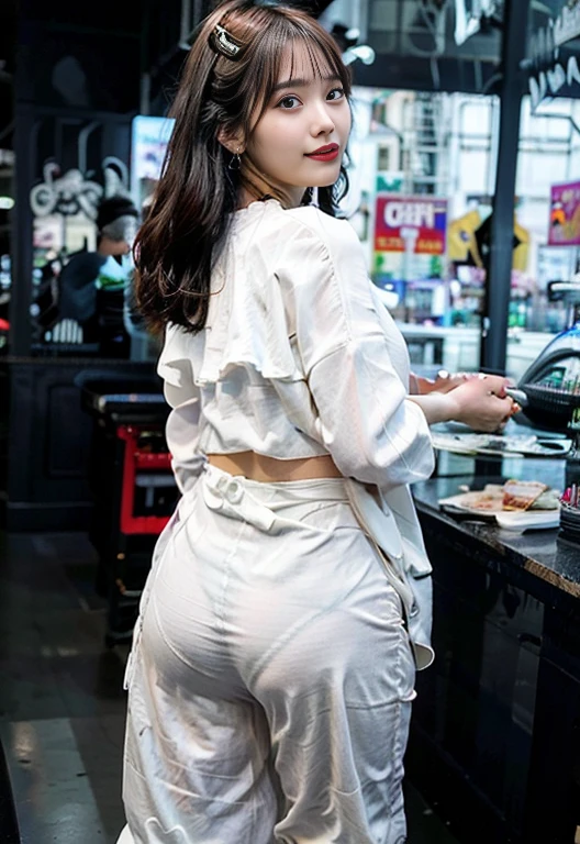 japanese woman,Female, 45 years old, long wavy black hair、bangs、tight white turtleneck sweater, plump nipples、Tight jeans pants, Jacket、medium milk, cute smile、(butt sticking out pose)、(looked back)、sexy hips、barefoot, living、sexy pose、sexy lace panty necklace、earrings、Photo showing the whole body, big ass, plump thighs