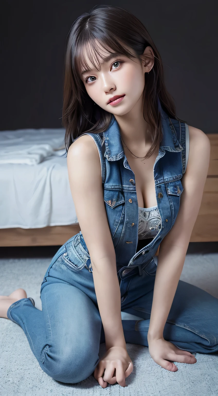 innocent 18 year old girl、((wear denim sleeveless,distressed jeans,dramatic pose)),cute face,bright eyes,tear bag,shy smile,shortcut,bed background,RAW photo, (8K、highest quality、masterpiece:1.2)、(intricate details:1.4)、(realistic:1.4)、octane rendering、Intricate 3D rendering Super detaileded, soft light in the studio, rim light, vivid details, Super detailed, realistic skin texture, face, beautiful detailed eyes, Highly detailed CG Unity 16k wallpaper, compensate, (detailed background:1.2), shiny skin, whole body、Draw from head to knee、cleavage,((Stand on your knees with your legs open))