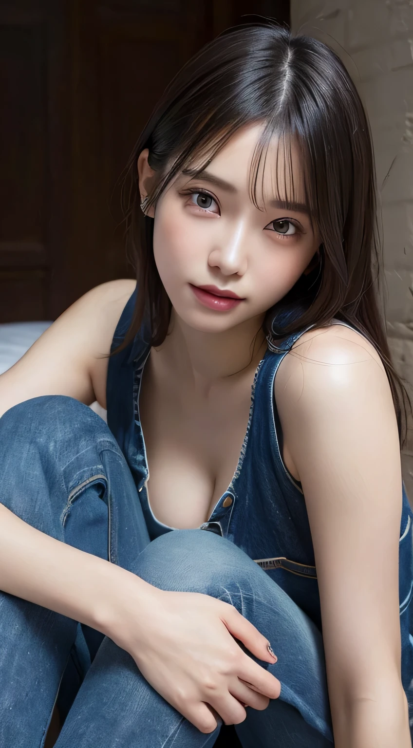 innocent 18 year old girl、((wear denim sleeveless,distressed jeans,dramatic pose)),cute face,bright eyes,tear bag,shy smile,shortcut,bed background,RAW photo, (8K、highest quality、masterpiece:1.2)、(intricate details:1.4)、(realistic:1.4)、octane rendering、Intricate 3D rendering Super detaileded, soft light in the studio, rim light, vivid details, Super detailed, realistic skin texture, face, beautiful detailed eyes, Highly detailed CG Unity 16k wallpaper, compensate, (detailed background:1.2), shiny skin, whole body、Draw from head to knee、cleavage,((Stand on your knees with your legs open))