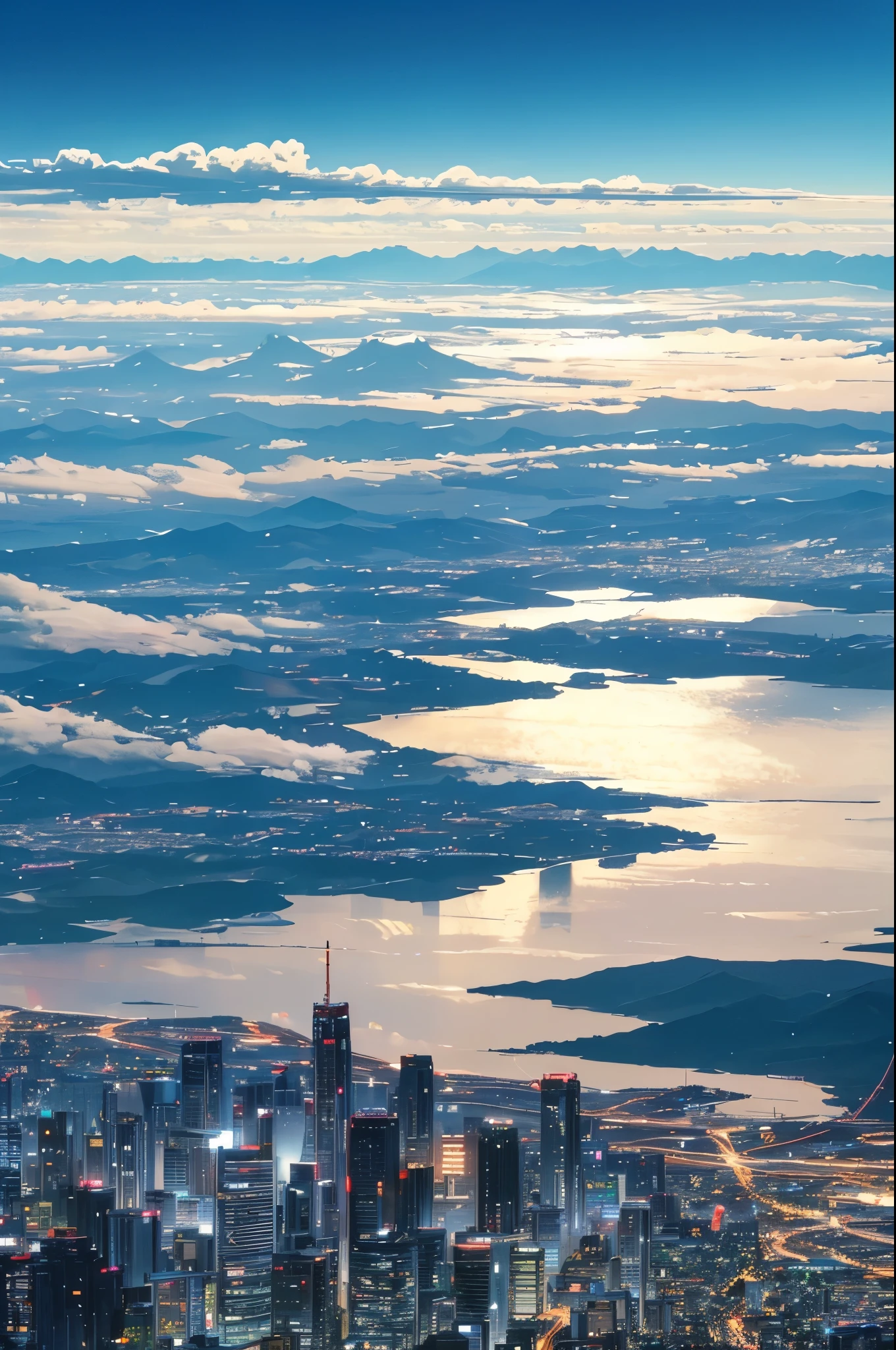 Vast and majestic skyline、The big sky occupies two-thirds of the photo、There a deserted Japan city in the distance