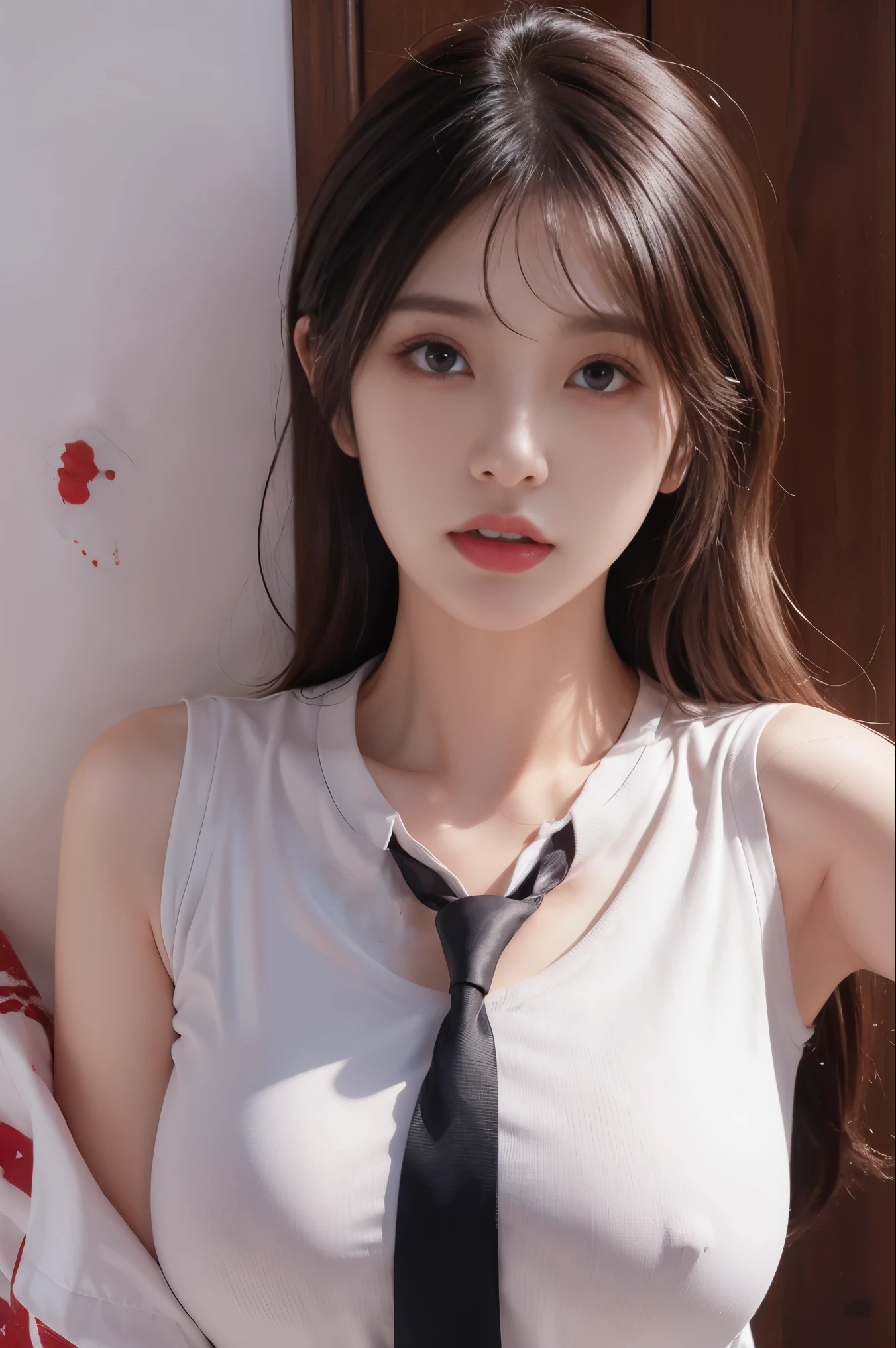 Heart-shaped pupil,(SFW), (masutepiece:1.2), Best Quality, masutepiece, hight resolution, Original, highly detailed wallpaper, (Ultra-detailed), (Best Illustration), (Best Shadow), (Kobeni), huge tit , perky breast, (White collared shirt), (blood stain:1.1), (terrorism:1.2), (black necktie), (Shirt stains), (Stained), girl with, Looking at Viewer, (Scared:1.2), (Tears:1.1), (Brown eyes), (piece sign),Tongue out, tongue, Heart-shaped pupil,Provocative eyes