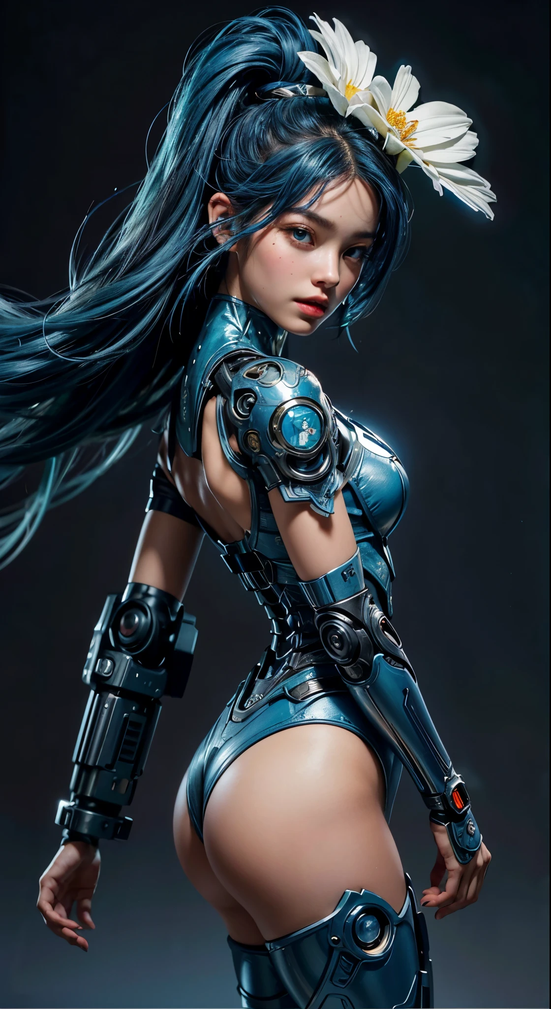 painting of a cyborg woman with a blue hair and a flower in her hair with cyber arms de costas, artgerm and james jean, anna dittmann alberto vargas, in style of anna dittmann, beautiful retro art, a beautiful artwork illustration, inspired by James Jean, james jean and wlop, james jean soft light 4 k, james jean soft light 4k, beautiful digital artwork