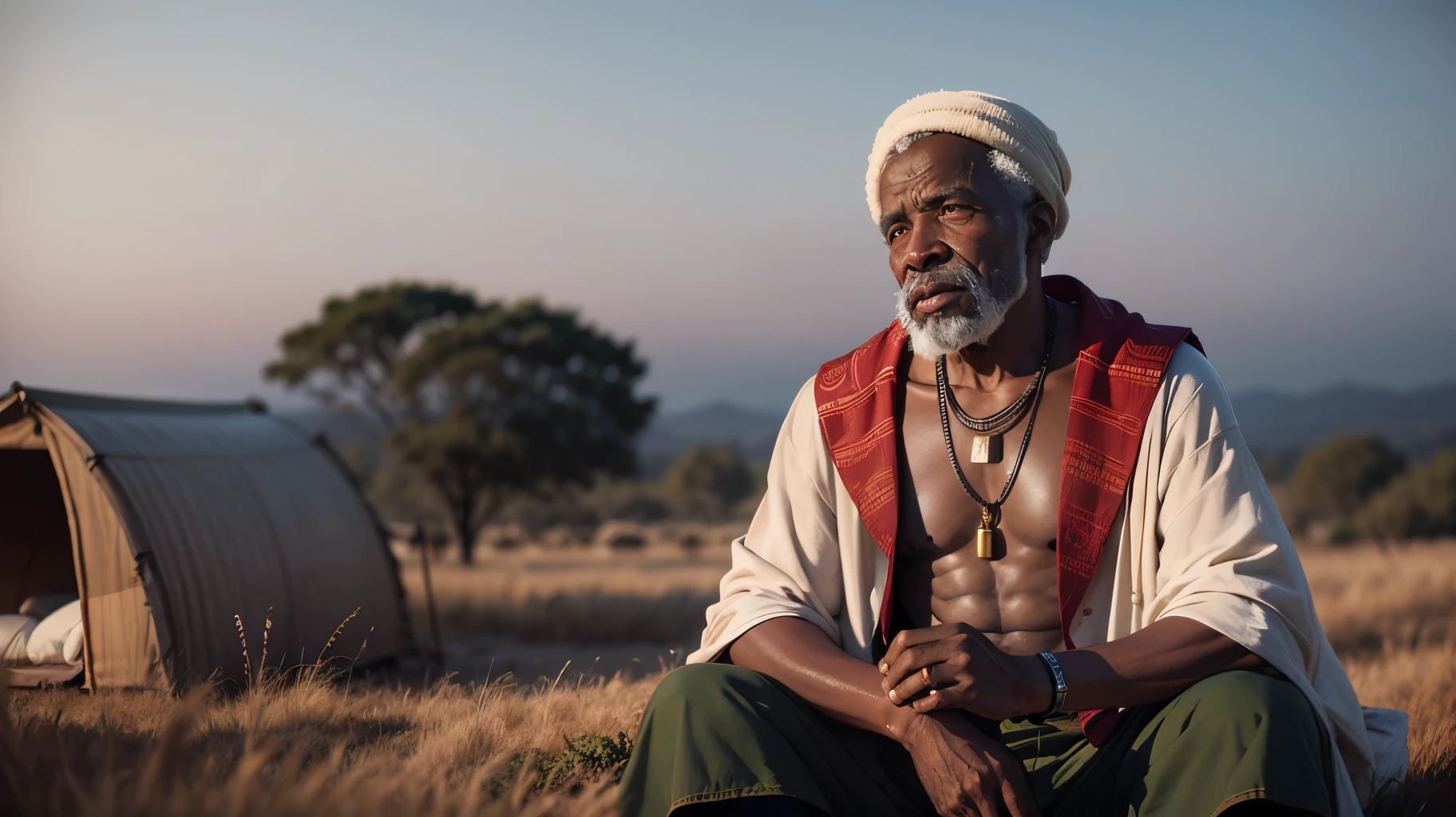 vieux sage africain, au village, qui a l’air calme, rassasié des jours, assis devant sa cabane, fumant de la pipe contemplant la lueur du crépuscule. (Résolution 8k, photo realiste) --auto --s2