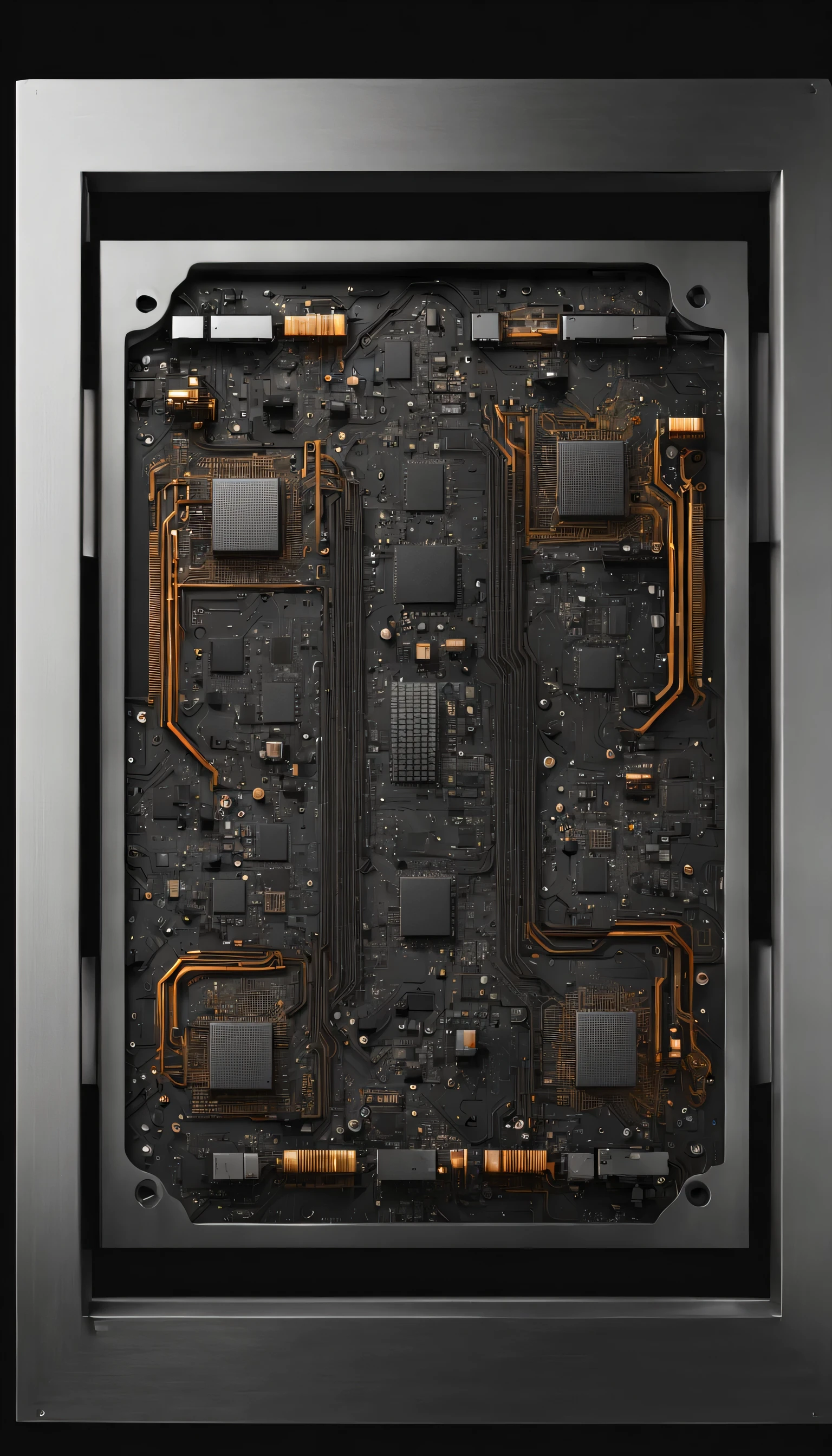cyborg-esque, t-40 GPU board abstract on black metallic, framed in brushed stainless steel border, round corners, plain grey backdrop, hyper photorealistic