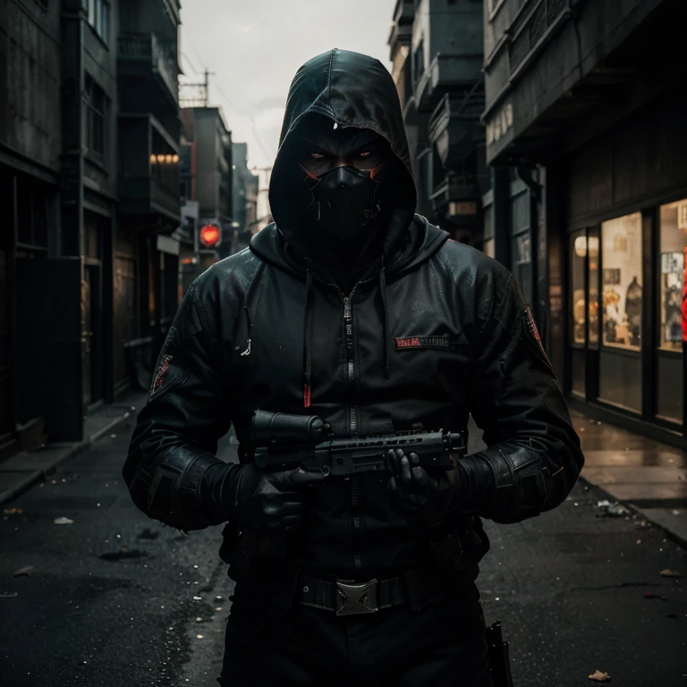 (best quality,4k,8k,highres,masterpiece:1.2),ultra-detailed,(realistic,photorealistic,photo-realistic:1.37),dark,comic style,oil painting,vengeance,fierce expression,aggressive posture,hooded vigilante,dark alley,punisher sign,skull symbol,blood splatters,grim atmosphere,nighttime cityscape,intense lighting,menacing presence,weaponry arsenal,firearms,knives,urban vigilante,protecting the innocent,anti-hero,justice in the shadows,vigilante justice,morally grey,violent justice,remove criminals,embrace darkness,red color palette,contrast,highlights and shadows,gritty feel,angry eyes,urban decay,determined countenance,lone avenger,never-ending battle against crime.