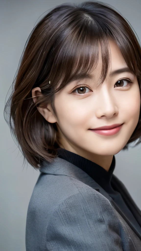 (Highly detailed CG Unity 8K wallpaper,table top, highest quality, super detailed, look at the camera:1.2, light shines on your face:1.5, gray background, professional lighting), 28-year-old woman in Japan, Charming detective assistant, (length:1.2), intellectual facial expressions, shining eyes, slim body shape, Passionate attitude, Sophisticated clothing, Interesting gaze, intellectual, Strong sense of responsibility, Stylish appearance, confident smile, Professional atmosphere, Dark brown hair color, Medium height, あなたがintellectualに感じるようにドレス, Knowledgeable impressions