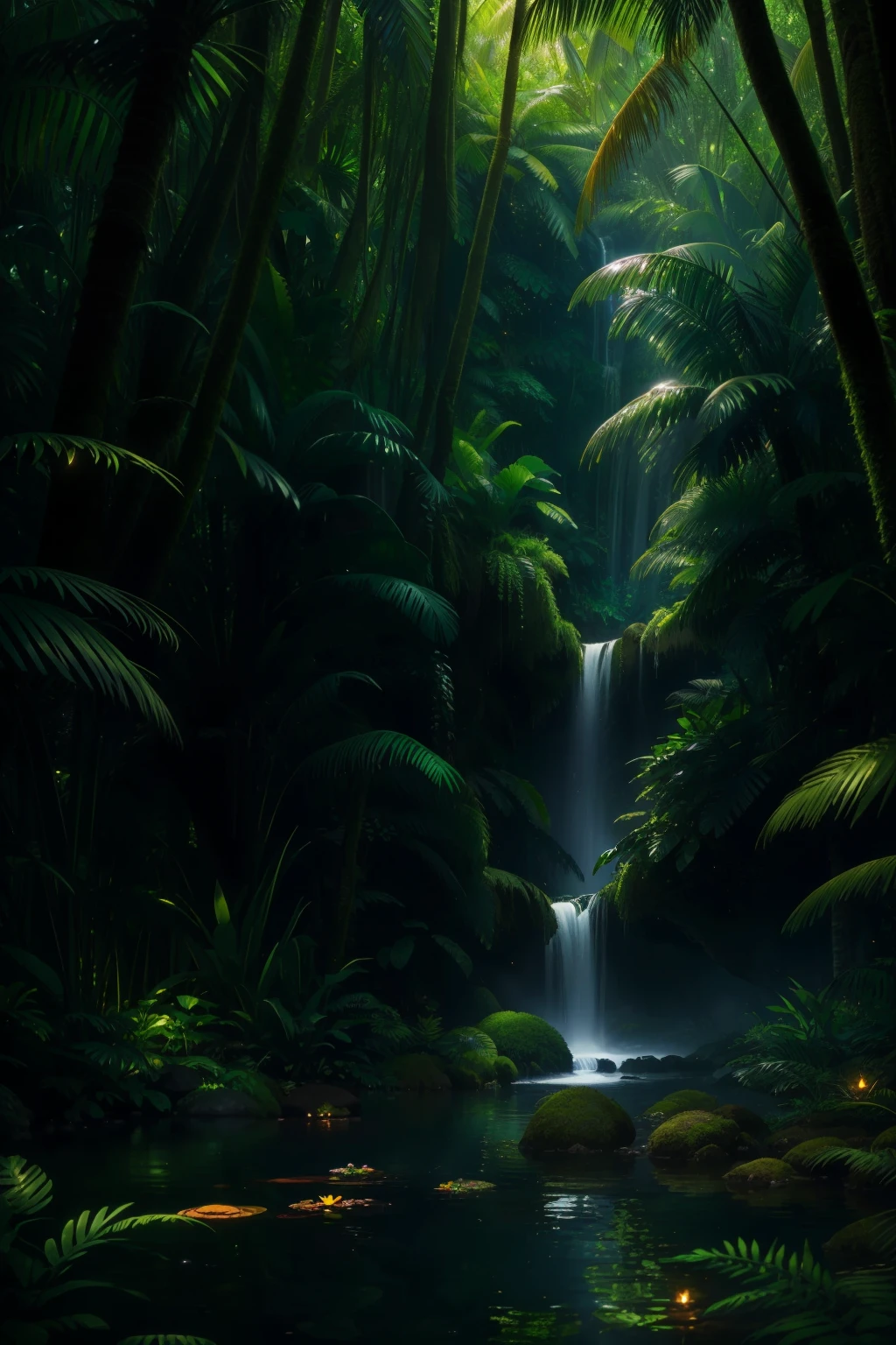 lush Jurassic rainforest,insects,subtle mist,intricate details,(best quality,4k,8k,highres,masterpiece:1.2),ultra-detailed,(realistic,photorealistic,photo-realistic:1.37),vivid colors,sharp focus,physically-based rendering,dense foliage,ancient trees,floating pollen,mysterious atmosphere,sunlight piercing through the canopy,ferns and moss,layered textures,shimmering waterfalls,majestic dinosaurs,beautifully feathered creatures,exotic flowers and plants,ethereal glow,peaceful ambiance,dappled light,humming of insects and birds,jungle symphony,immersive experience,dynamic composition,lush green tones,the scent of damp earth,play of shadows and highlights,secluded paradise,artistic interpretation.