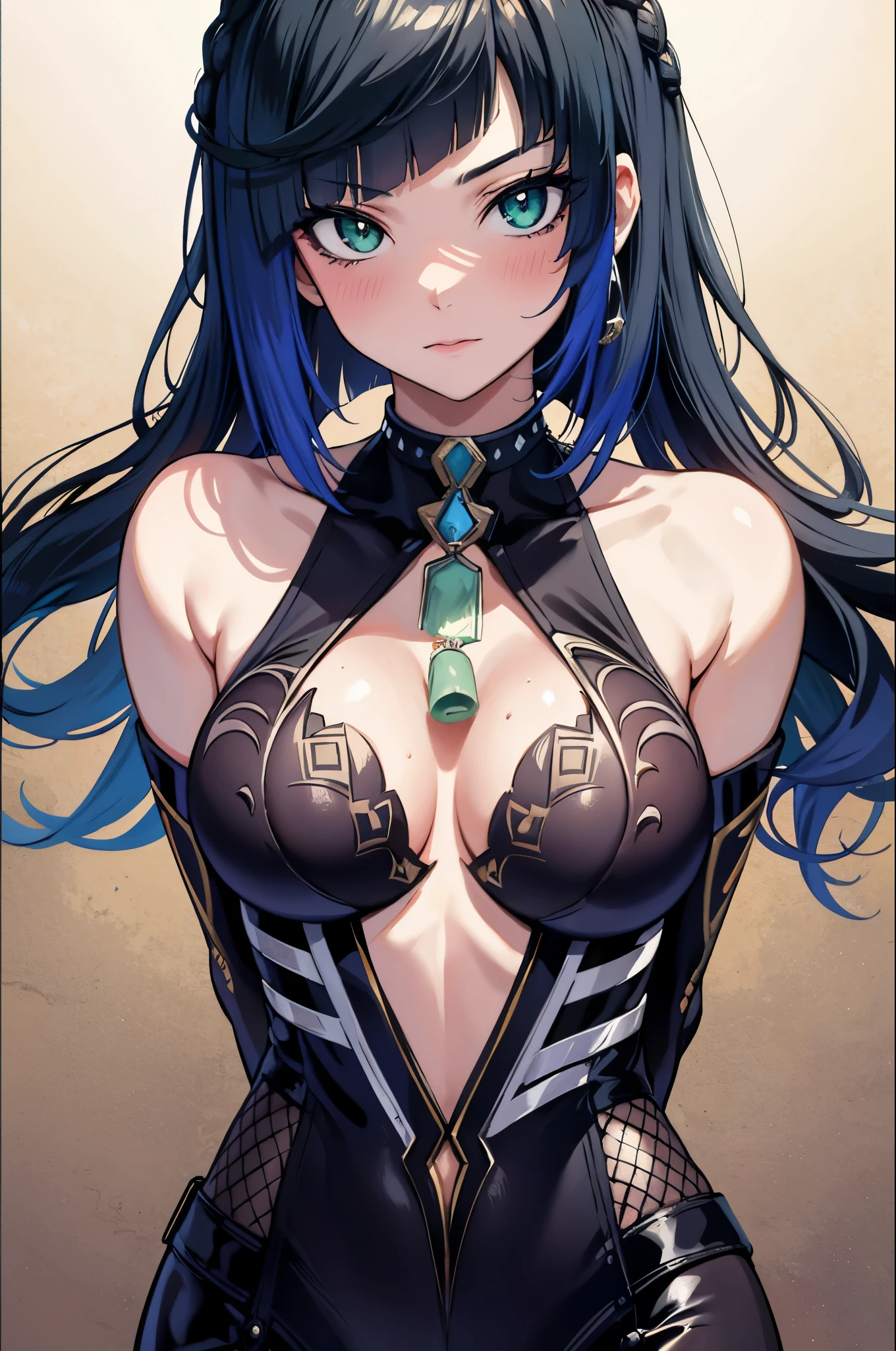 perfect body, sensual cleavage, medium breasts, black suit, Christmas outfit, Ultra HD, 4k image, view of the character from above, best image quality, (fidelity: 1.4), light green globe eyes, eyelashes, beautiful pupil, shadows , slight blush, delicate facial features, reasonable facial features, bare shoulders exposed, waist exposed