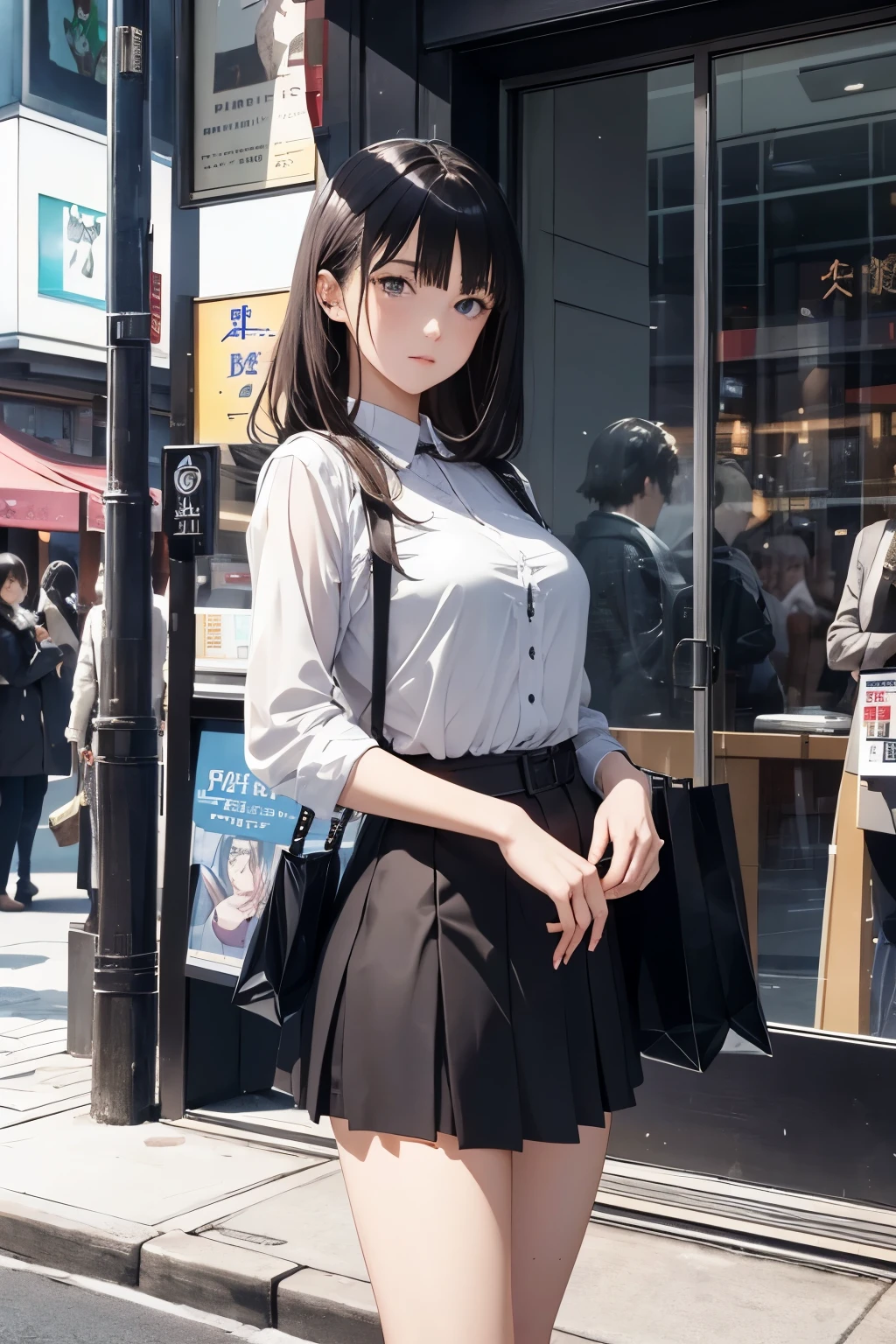 François Bourgeon, Wolf Erlbruch , Surreal, mysterious, strange, fantastical, fantasy, Sci-fi, Japanese anime, Kara no Kyoukai, a beautiful high school girl in a miniskirt enjoying shopping in Ginza, detailed masterpiece 