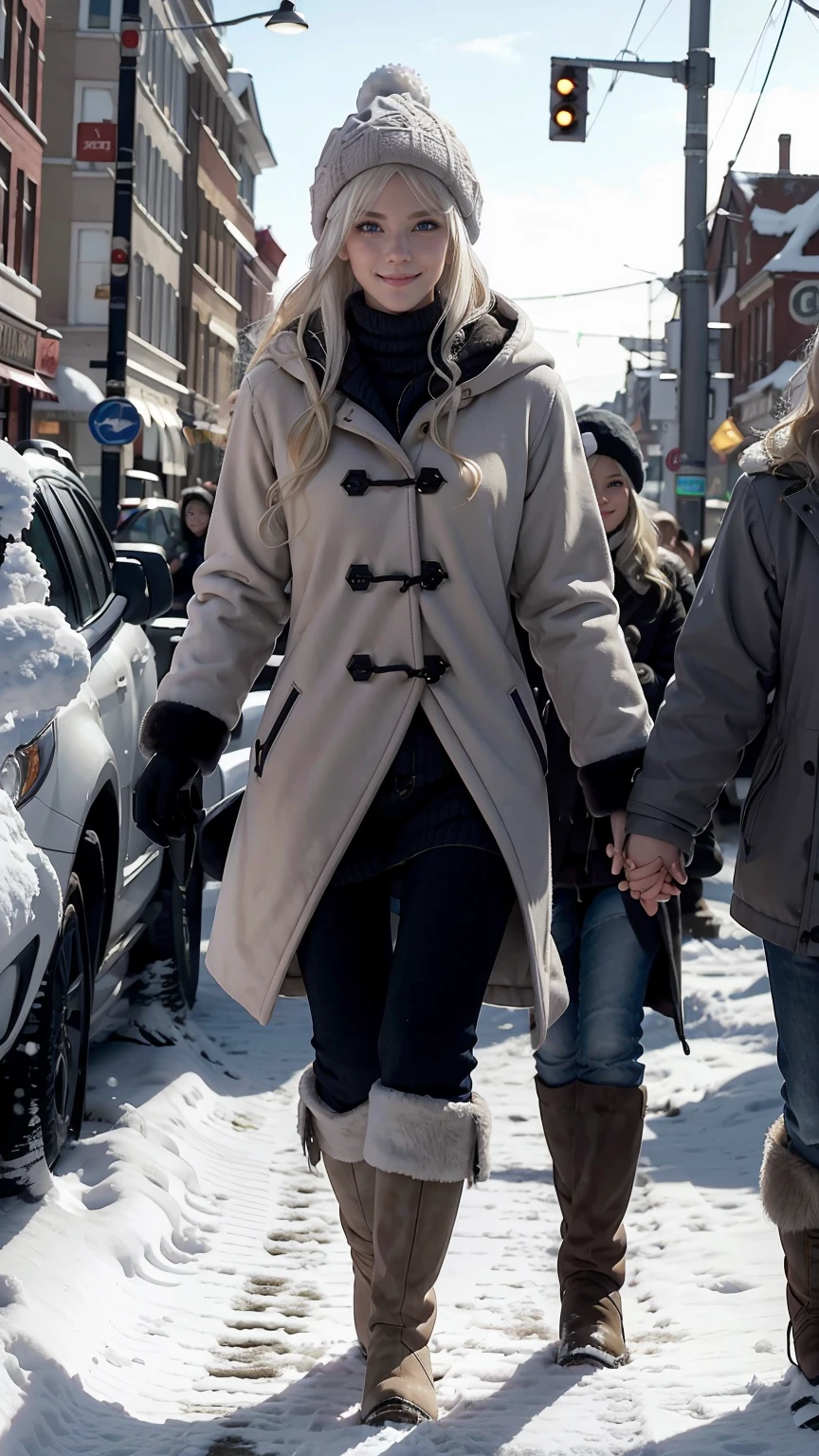 25-year-old Caucasian woman、platinum blonde、setting hair、blue eyes、semi-long、my hair is wavy、smile、slim muscular body、I don't want my head to disappear from the screen.、Wearing a duffel coat、wearing mitten gloves、I'm in a snowy town、wearing a woolen hat、I'm wearing a muffler、Walking around the city、I'm wearing short boots、holding hands in front of body、smile