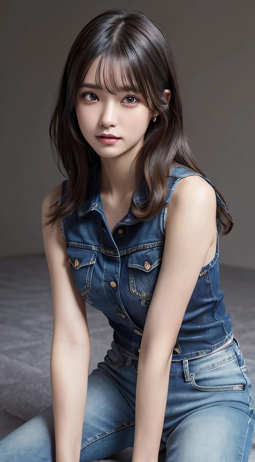 innocent 18 year old girl、((wear denim sleeveless,distressed jeans,dramatic pose)),cute face,bright eyes,tear bag,shy smile,shortcut,bed background,RAW photo, (8K、highest quality、masterpiece:1.2)、(intricate details:1.4)、(realistic:1.4)、octane rendering、Intricate 3D rendering Super detaileded, soft light in the studio, rim light, vivid details, Super detailed, realistic skin texture, face, beautiful detailed eyes, Highly detailed CG Unity 16k wallpaper, compensate, (detailed background:1.2), shiny skin, whole body、Draw from head to knee、cleavage,((Stand on your knees with your legs open))