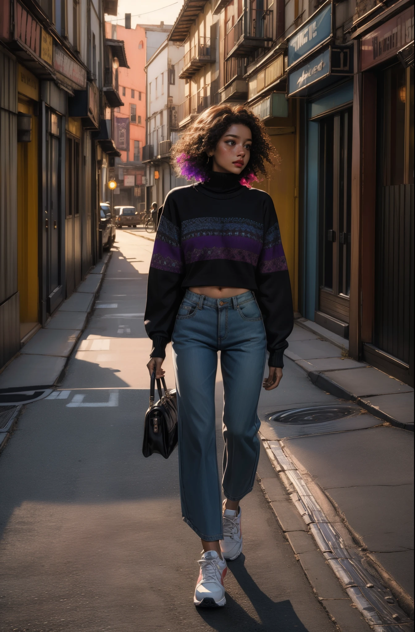 masterpiece, best quality, freckles, solo, dark skin, piercing, 1girl, wind blowing hair, multicolored hair, shoes, black sneakers, purple eyes, blue sweater, undercut, blush, long sleeves, full body, pants, indian style, looking away, looking to the side, outdoors, poster art 1970's, tritone