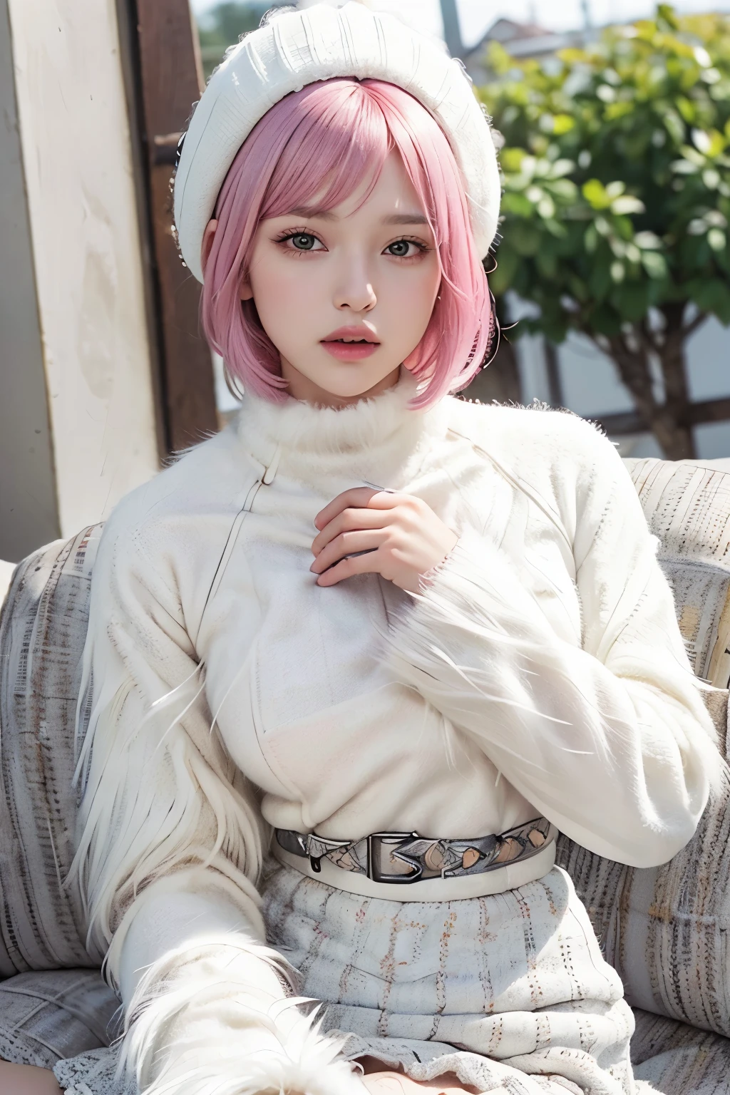 (8K, top-quality, masterpiece:1,2), (reallistic, Photorealsitic:1.37), Super Detail, One girl,), (Highly detailed), (beautifully detailed eyes), (of the highest quality), (super detailed ), (masterpiece), (Detailed face),20yr old, ,1 girl, full body, pink hair,Very short hair, medium breasts, clothed, Perfect Lighting, pussy and breast focus, looking at viewer, aroused face, naughty face, (pure white fur tweed coat:1.5), (pure white long-sleeved blouse:1.3), pure white frilled choker, (pure white high-waisted tweed skirt:1.4), (pure white knit hat:1.2), pure white high socks, pure white short boots, outdoors, snow