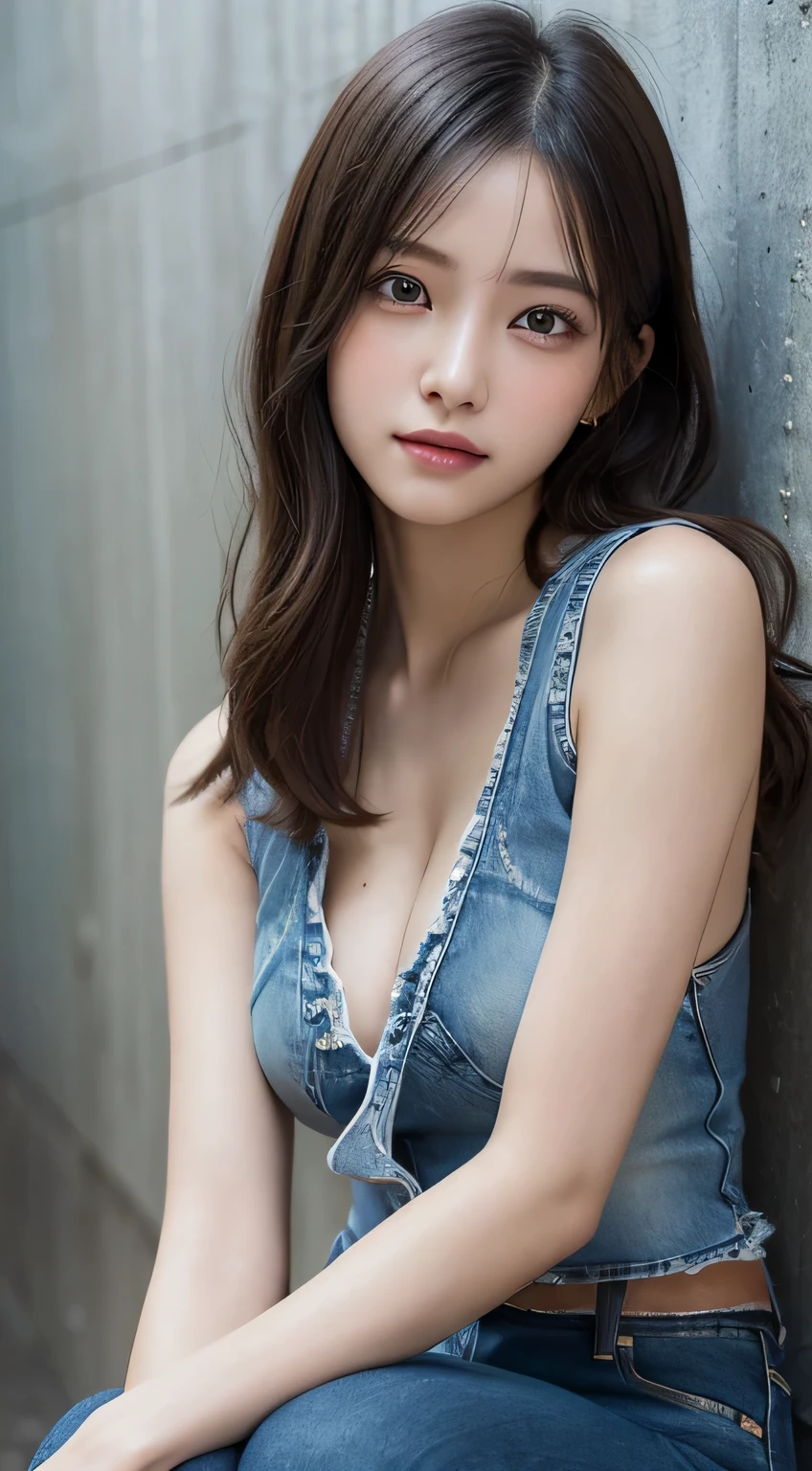 innocent 18 year old girl、((wear denim sleeveless,distressed jeans,dramatic pose)),cute face,bright eyes,tear bag,shy smile,shortcut,bed background,RAW photo, (8K、highest quality、masterpiece:1.2)、(intricate details:1.4)、(realistic:1.4)、octane rendering、Intricate 3D rendering Super detaileded, soft light in the studio, rim light, vivid details, Super detailed, realistic skin texture, face, beautiful detailed eyes, Highly detailed CG Unity 16k wallpaper, compensate, (detailed background:1.2), shiny skin, whole body、Draw from head to knee、cleavage,((Stand on your knees with your legs open))