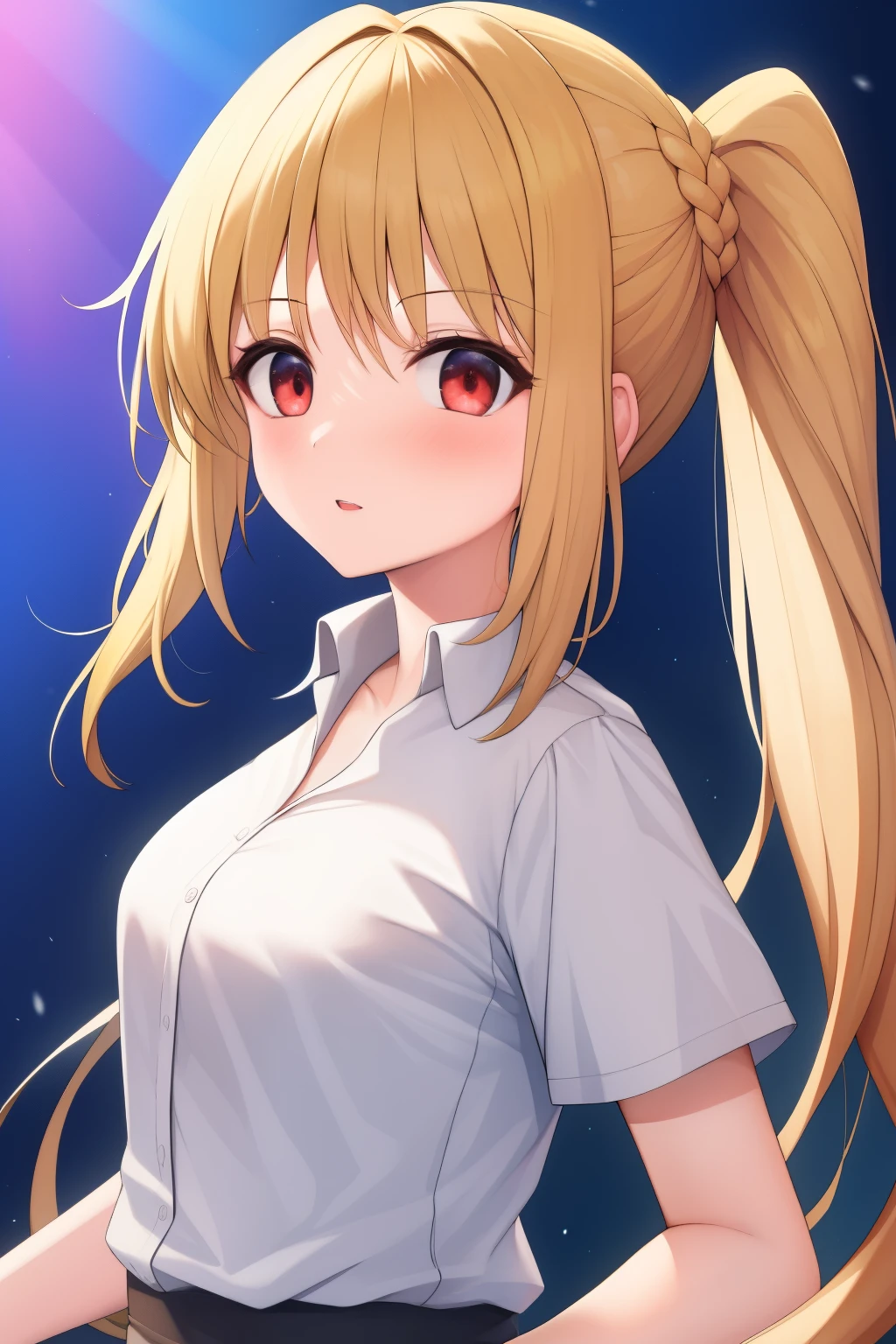 (masterpiece, best quality:1.2), A girl with blonde hair and red eyes in a white shirt, with a side ponytail, with full bangs, looks confused, on stage, ultra detailed, best quality, expressive eyes, perfect face, ultra hight quality, ultra detail 