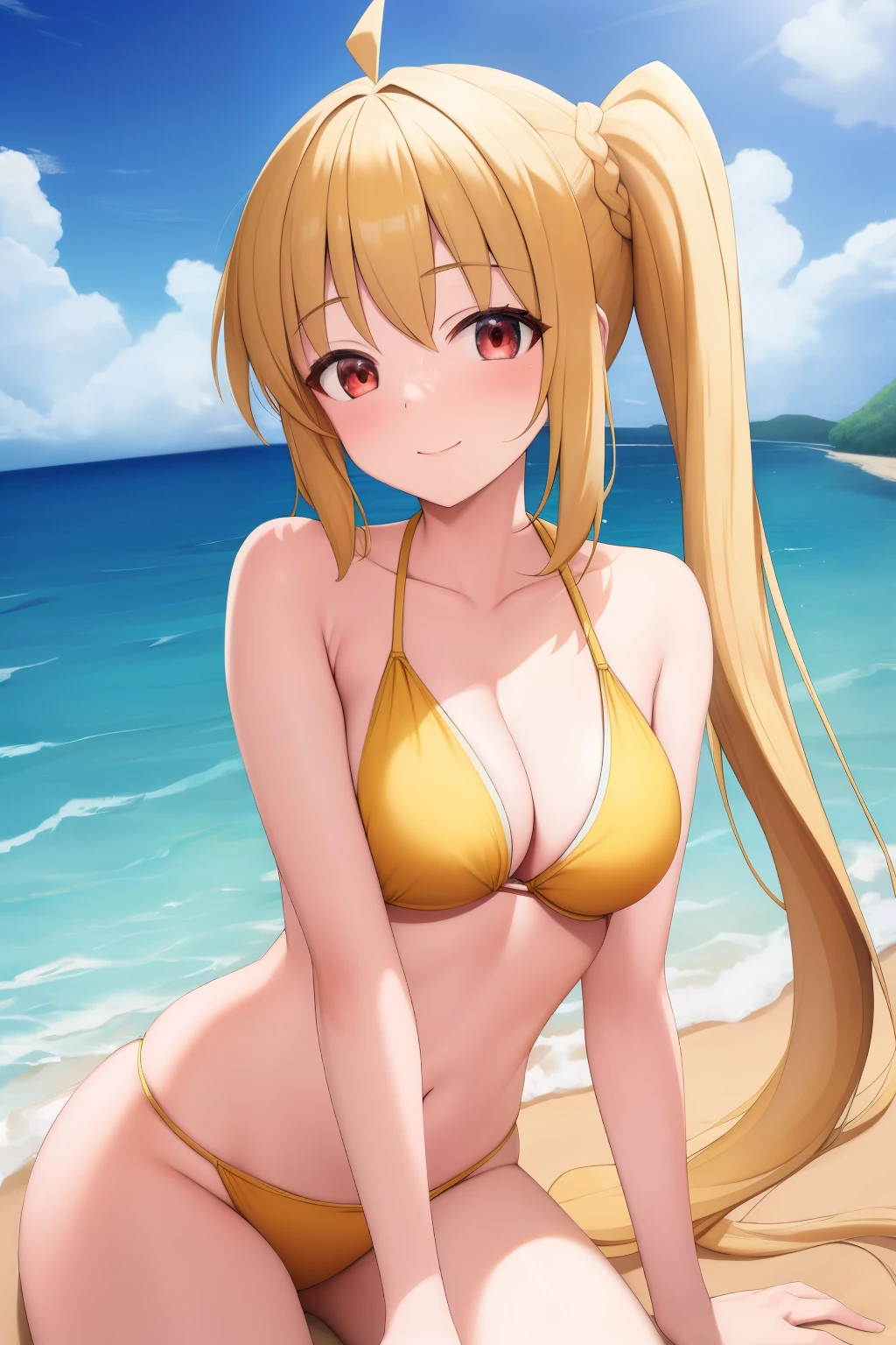 (masterpiece, best quality:1.2), A girl with blonde hair and red eyes in a yellow swimsuit, with a side ponytail, with full bangs, looks smiling, on the beach, ultra detailed, best quality, expressive eyes, perfect face, ultra hight quality, ultra detail 