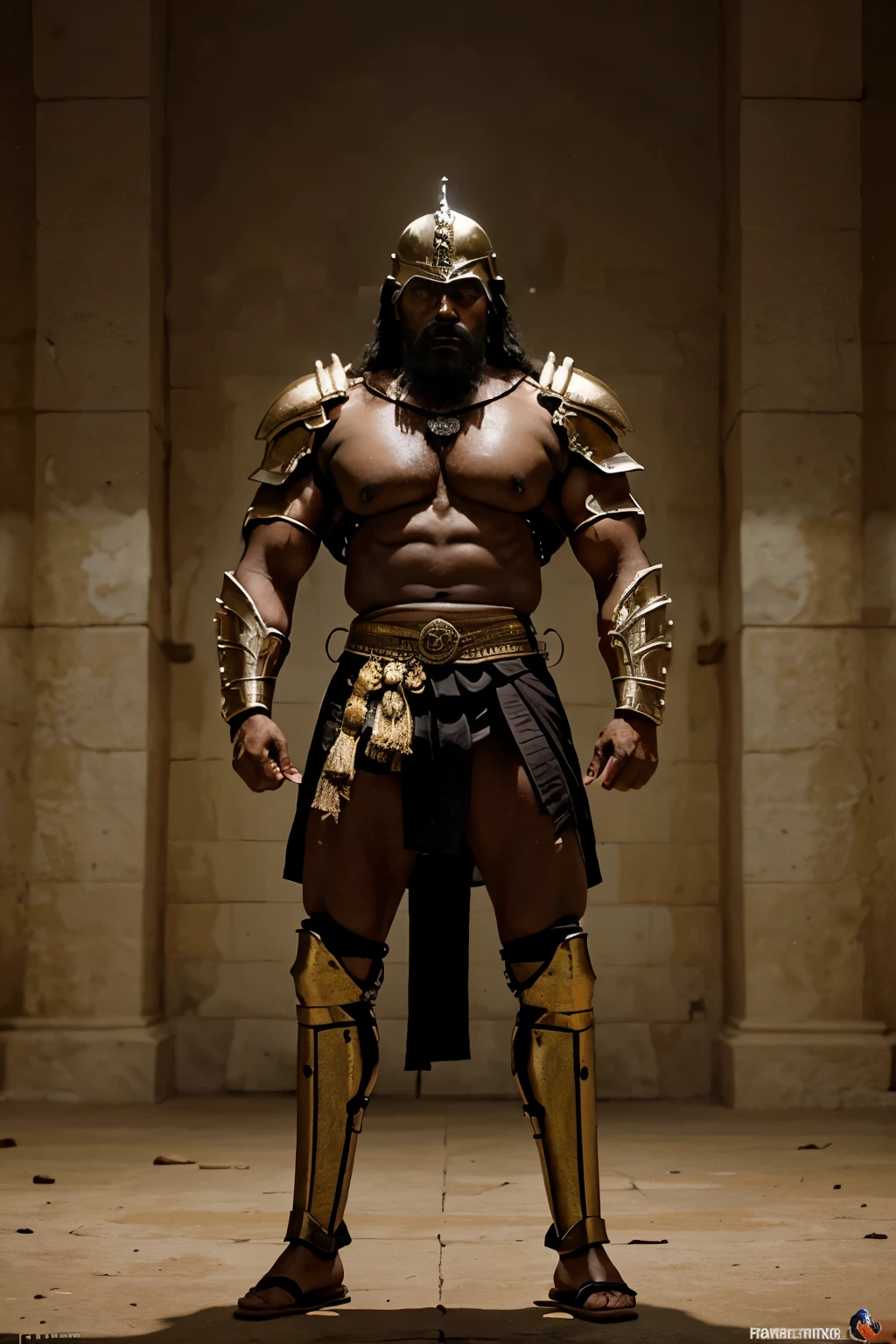 An Ancient south Indian king with great muscles, a sword in hand wears war armour and standing in the battle field ferociously