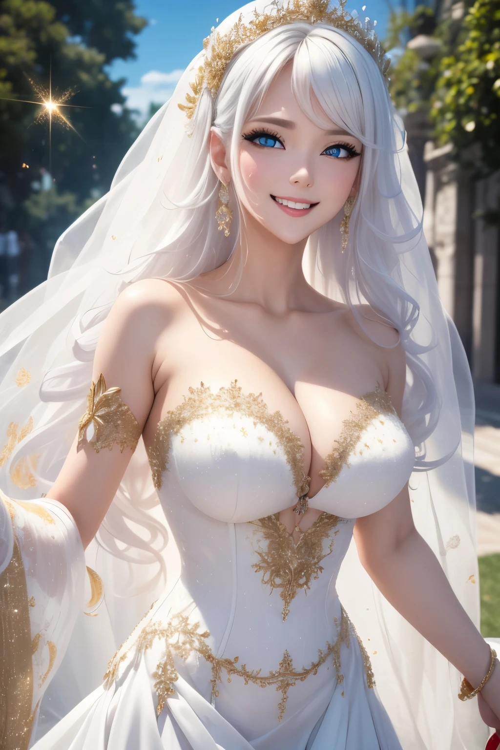 best quality, 32k, RAW photo, incredibly absurdres, extremely detailed, bride, pure white perfect lady, laugh like a prankster, happy, shy, white glossy messy iridescent hair, sparkling gold sharp slit eyes, wedding dress designed with fluffy and fluffy, background sun shower, petals, scatter white, red, gold, and silver glitter and confetti, professional lighting