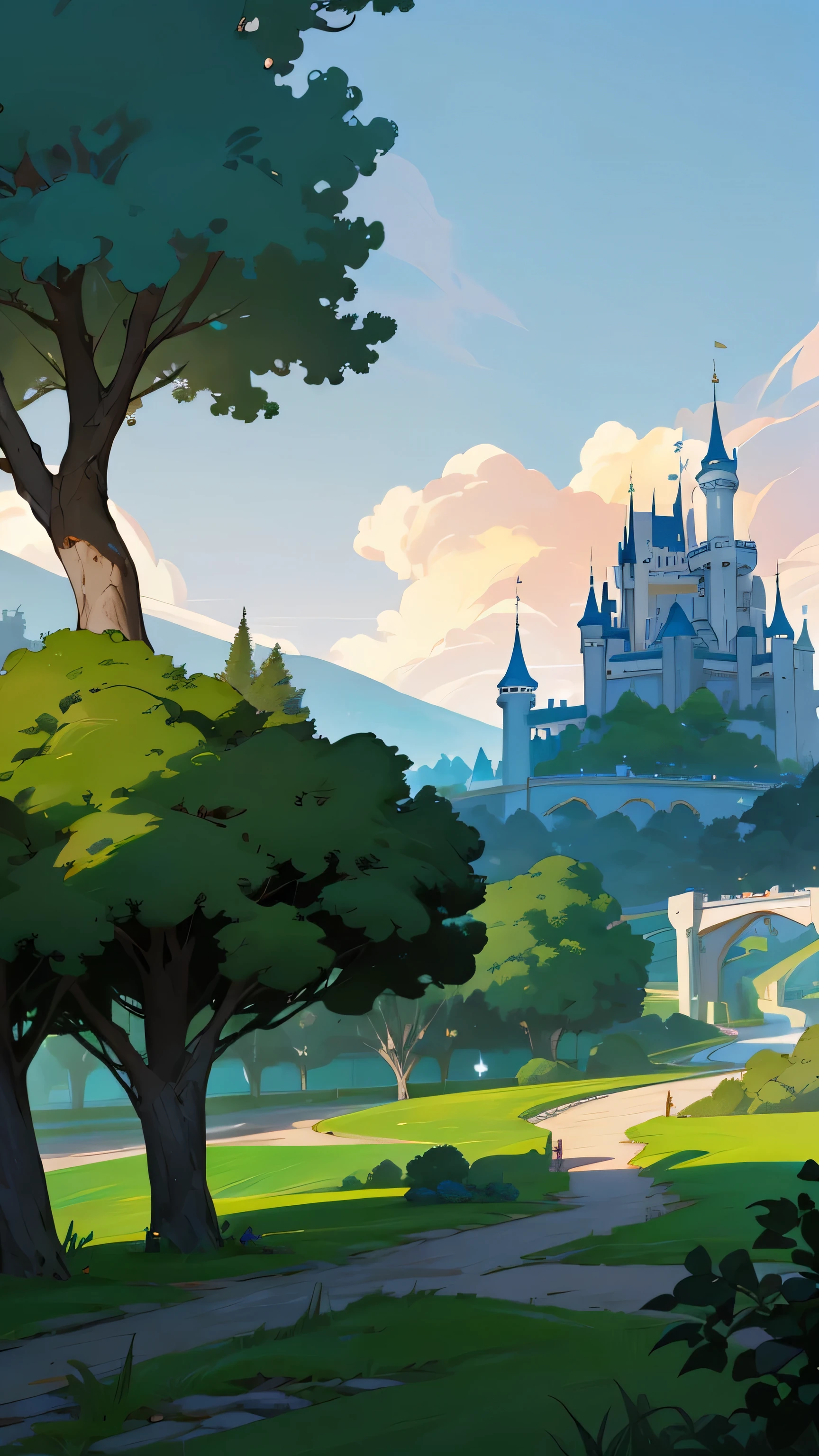 anime scene of a castle with a green tree and a path, castle background, light kingdom backdrop, shadowy castle background, background artwork, fairy tale style background, palace background, background art, royal garden background, castle setting, magical castle school on a hill, medieval castle background, disney inspired landscape, storybook wide shot :: hd, magical castle, castle in distance