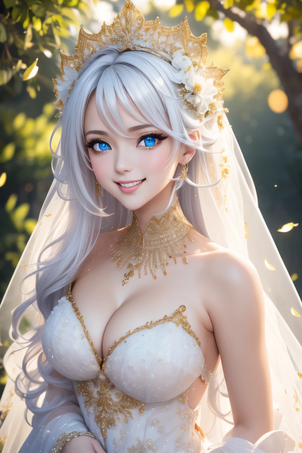 best quality, 32k, RAW photo, incredibly absurdres, extremely detailed, bride, pure white perfect lady, laugh like a prankster, happy, shy, white glossy messy iridescent hair, sparkling gold sharp slit eyes, wedding dress designed with fluffy and fluffy, background sun shower, petals, scatter white, red, gold, and silver glitter and confetti, professional lighting