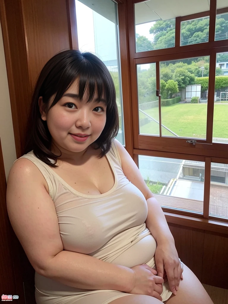 Photo of cute 500 lb super obese Hong Kong girl using GoPro camera, plain underwear, daytime, Japanese countryside hotel,You can see the residential area from the window, smile, sharp face, soft lighting,