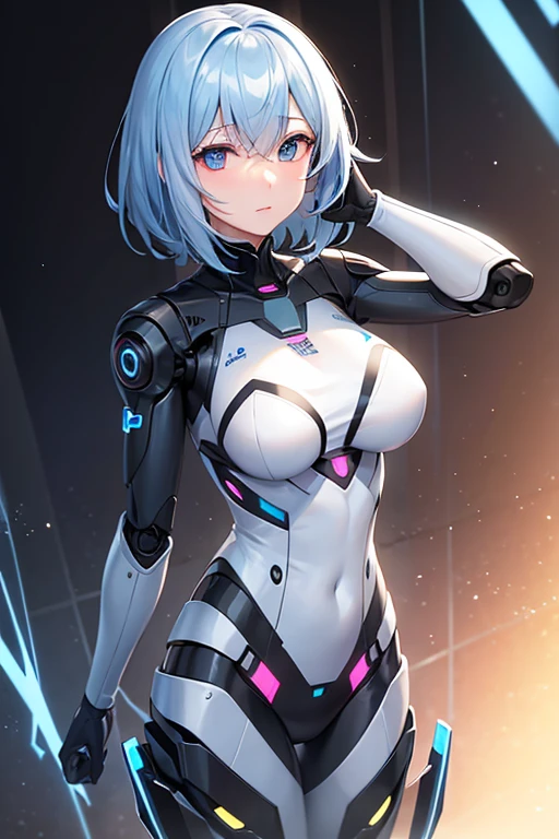 (masterpiece, best quality,Super detailed),(random angle),A cool and blushing female cyborg in her late twenties with short, metallic blue hair, glowing green cybernetic eyes, and a shy smile. She wears a sleek silver bodysuit with integrated tech armor, augmented gloves, and high-tech boots,